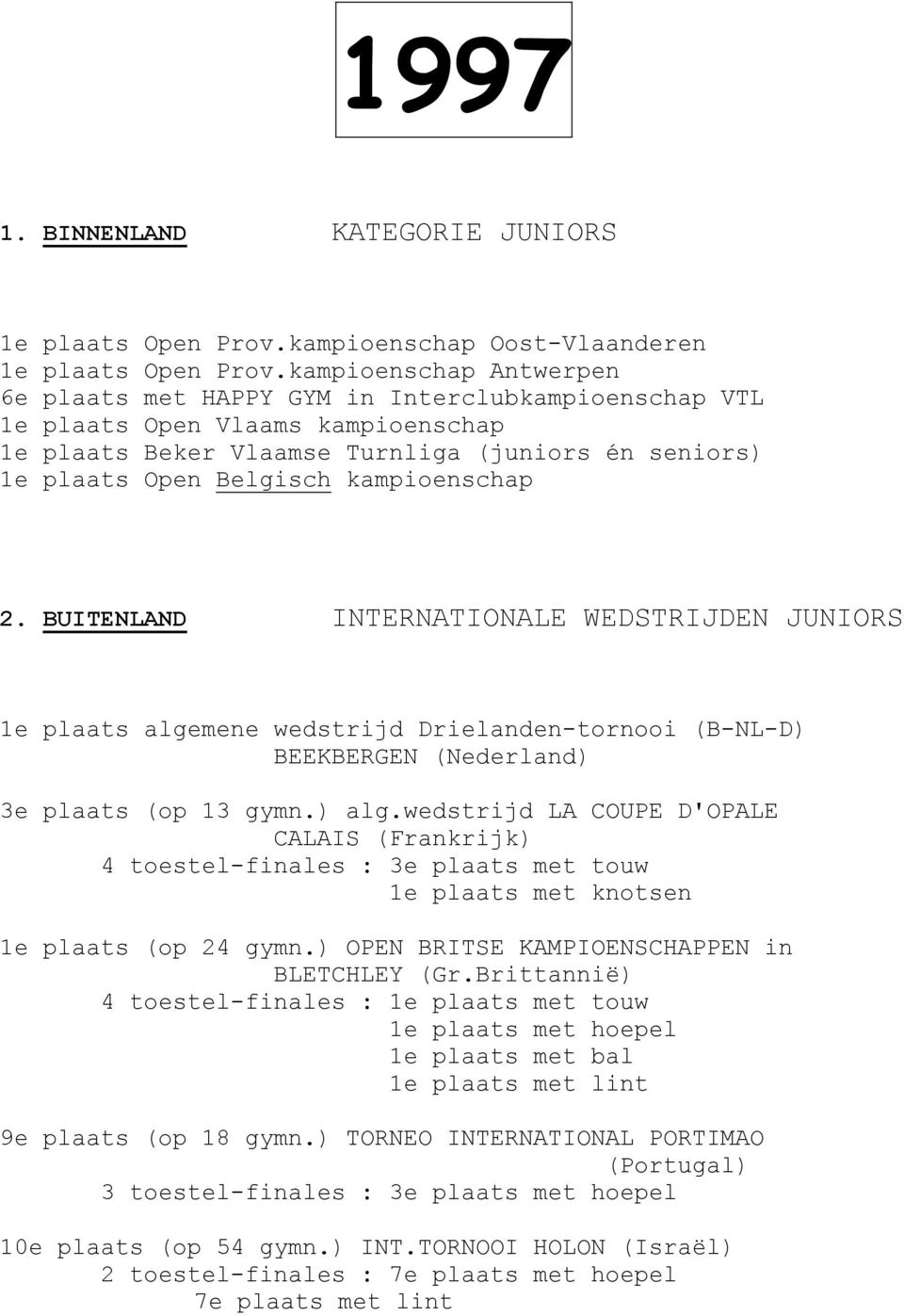 kampioenschap 2. BUITENLAND INTERNATIONALE WEDSTRIJDEN JUNIORS 1e plaats algemene wedstrijd Drielanden-tornooi (B-NL-D) BEEKBERGEN (Nederland) 3e plaats (op 13 gymn.) alg.