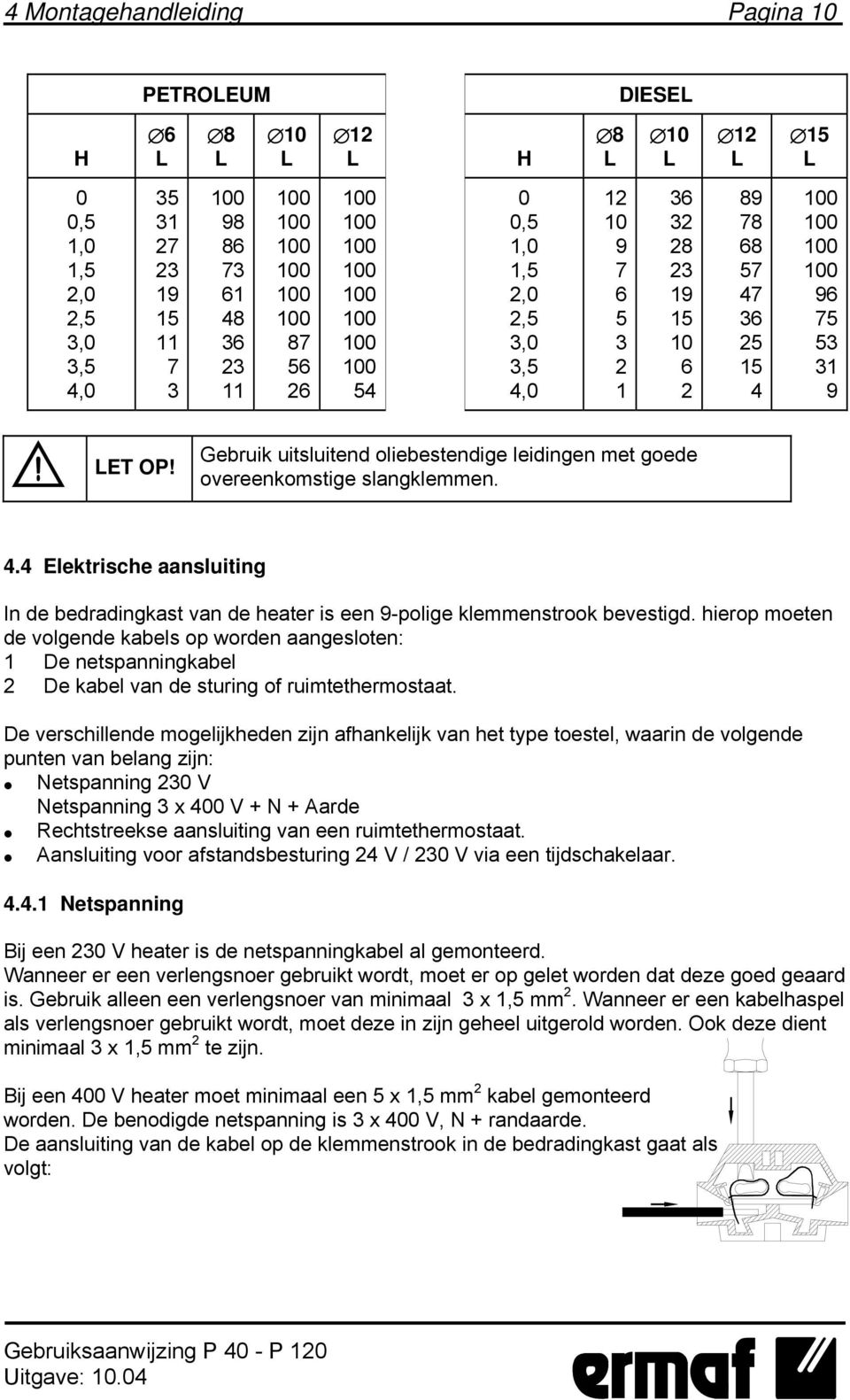 Gebruik uitsluitend oliebestendige leidingen met goede overeenkomstige slangklemmen. 4.4 Elektrische aansluiting In de bedradingkast van de heater is een 9-polige klemmenstrook bevestigd.