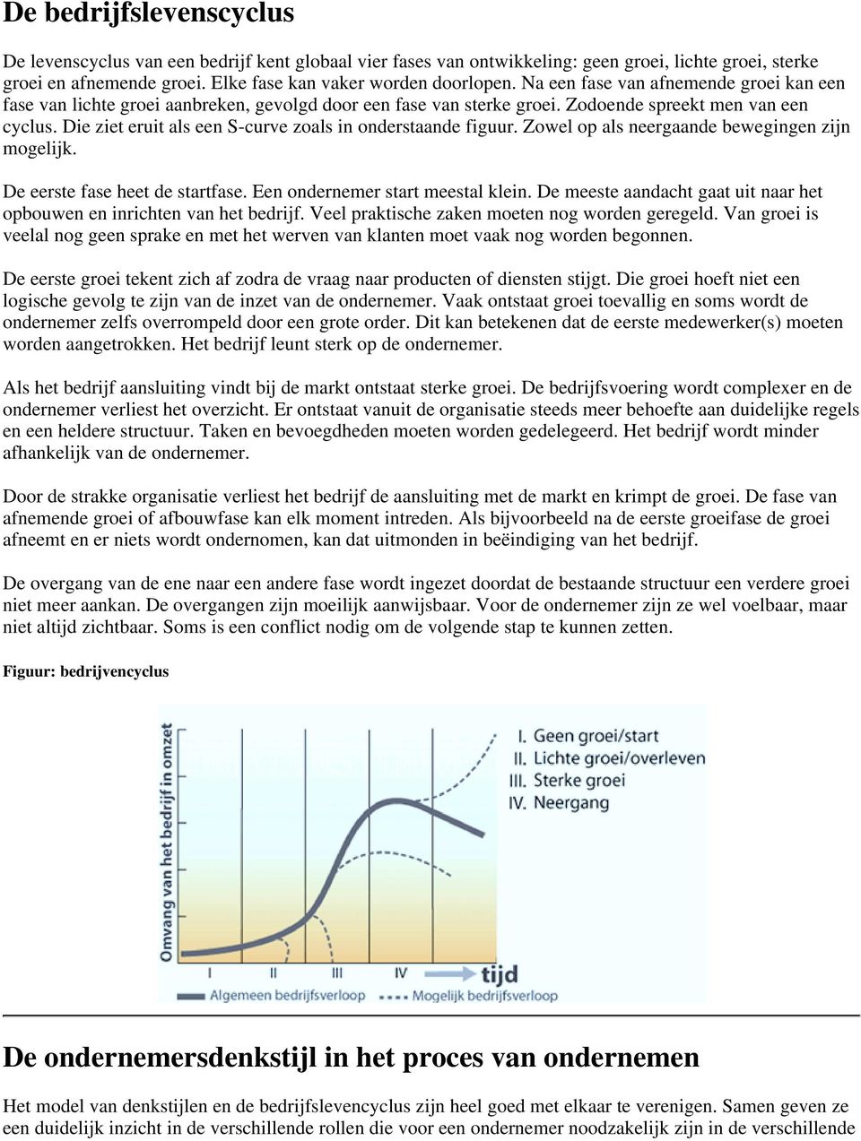 Die ziet eruit als een S-curve zoals in onderstaande figuur. Zowel op als neergaande bewegingen zijn mogelijk. De eerste fase heet de startfase. Een ondernemer start meestal klein.