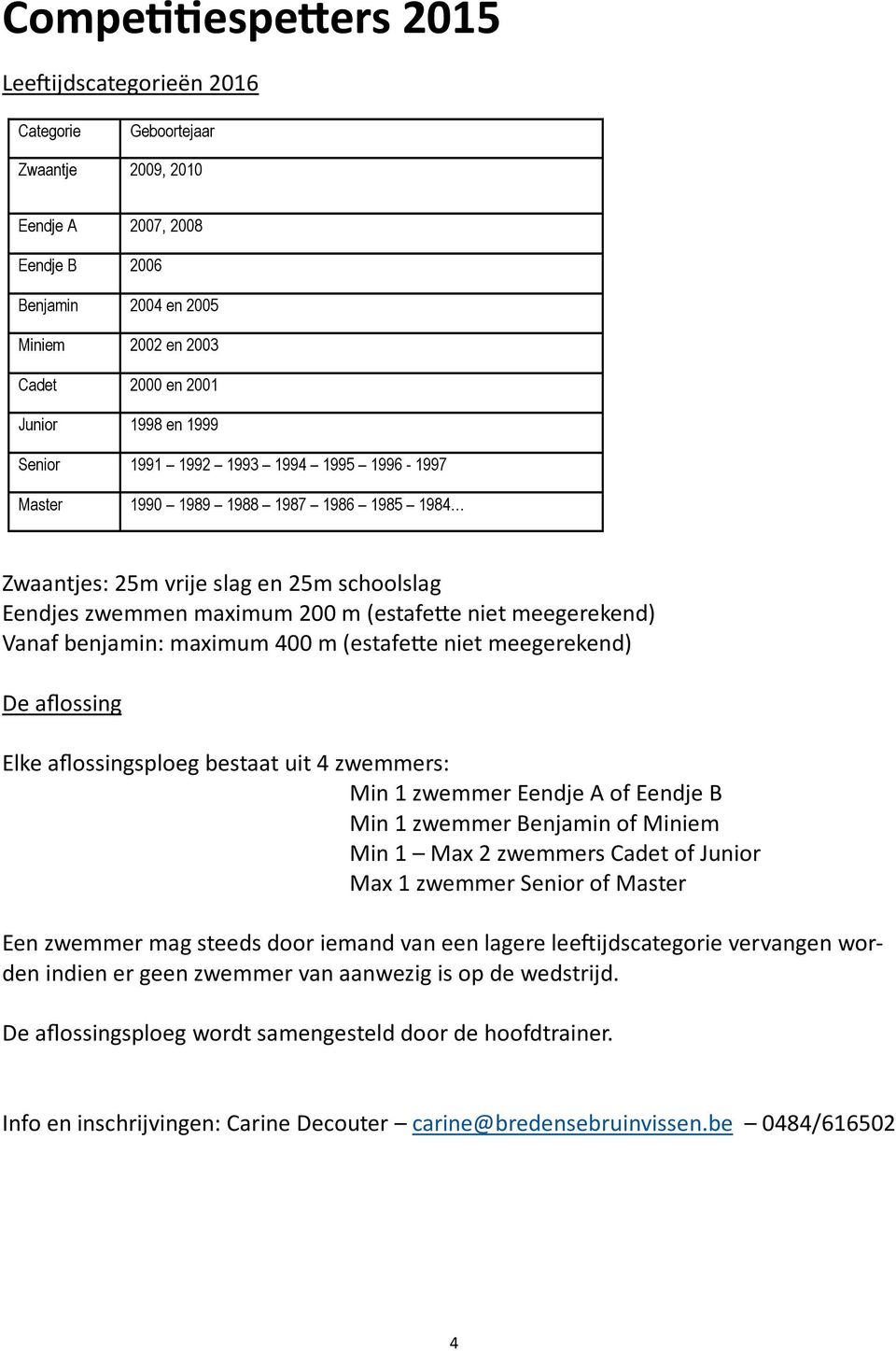 benjamin: maximum 400 m (estafe/e niet meegerekend) De aflossing Elke aflossingsploeg bestaat uit 4 zwemmers: Min 1 zwemmer Eendje A of Eendje B Min 1 zwemmer Benjamin of Miniem Min 1 Max 2 zwemmers