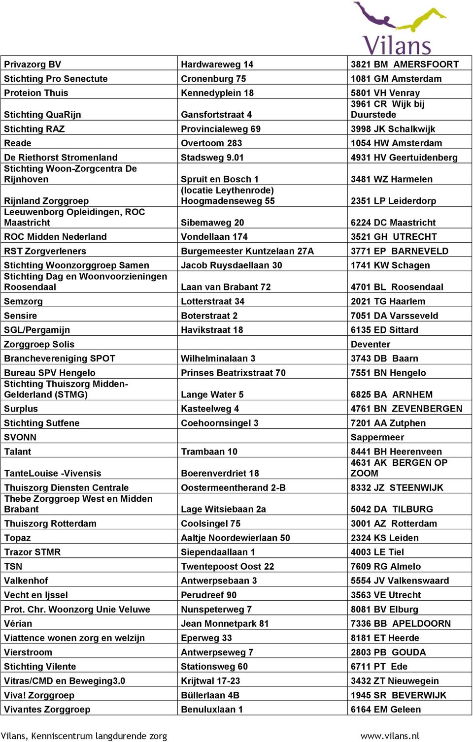 01 4931 HV Geertuidenberg Stichting Woon-Zorgcentra De Rijnhoven Spruit en Bosch 1 3481 WZ Harmelen (locatie Leythenrode) Hoogmadenseweg 55 Rijnland Zorggroep 2351 LP Leiderdorp Leeuwenborg