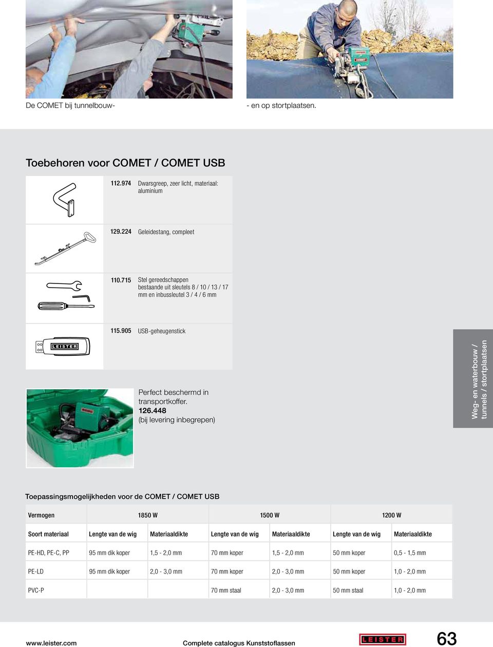 448 (bij levering inbegrepen) Weg- en waterbouw / tunnels / stortplaatsen Toepassingsmogelijkheden voor de COMET / COMET USB Vermogen 1850 W 1500 W 1200 W Soort materiaal Lengte van de wig