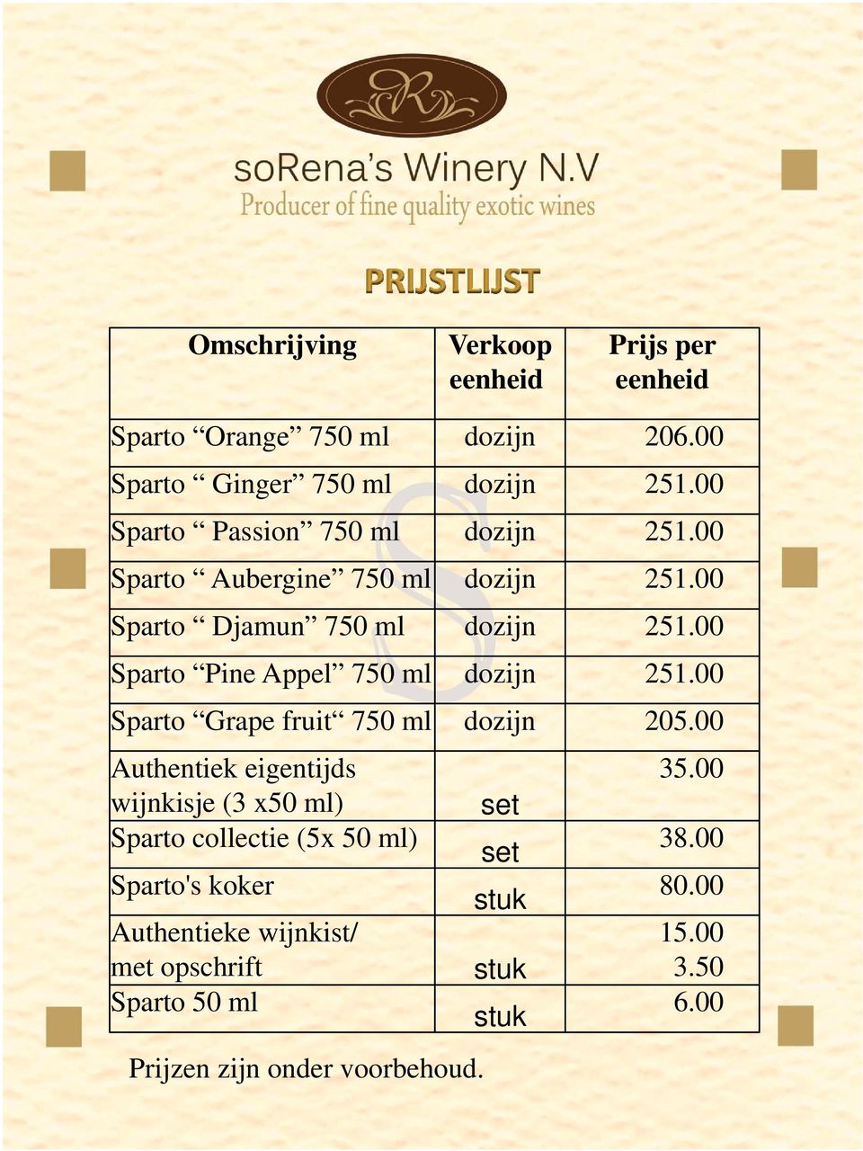 00 Sparto Pine Appel 750 ml dozijn 251.00 Sparto Grape fruit 750 ml dozijn 205.00 Authentiek eigentijds 35.