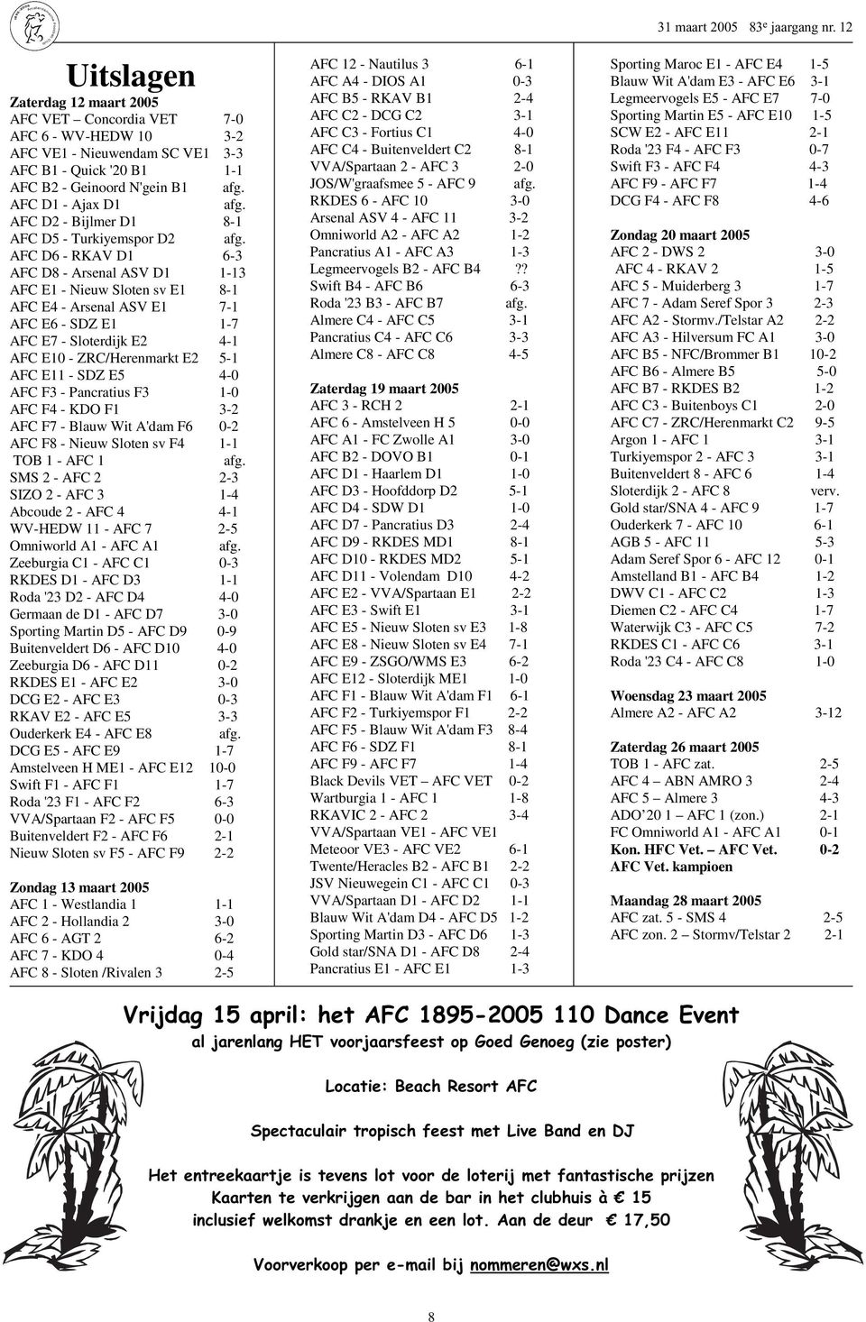 AFC D6 - RKAV D1 6-3 AFC D8 - Arsenal ASV D1 1-13 AFC E1 - Nieuw Sloten sv E1 8-1 AFC E4 - Arsenal ASV E1 7-1 AFC E6 - SDZ E1 1-7 AFC E7 - Sloterdijk E2 4-1 AFC E10 - ZRC/Herenmarkt E2 5-1 AFC E11 -