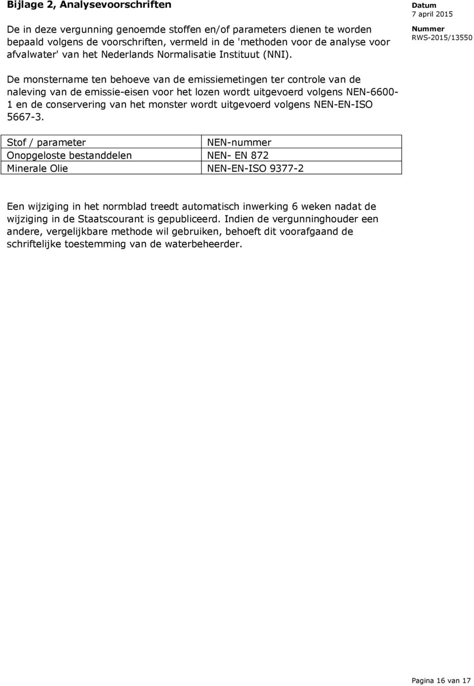 De monstername ten behoeve van de emissiemetingen ter controle van de naleving van de emissie-eisen voor het lozen wordt uitgevoerd volgens NEN-6600-1 en de conservering van het monster wordt