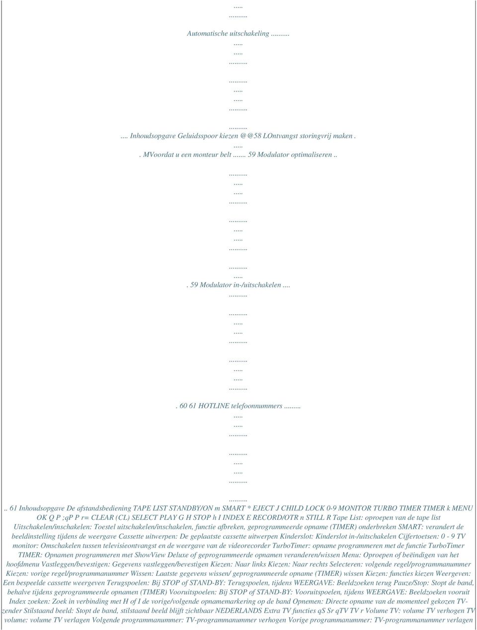 .... 61 Inhoudsopgave De afstandsbediening TAPE LIST STANDBY/ON m SMART * EJECT J CHILD LOCK 0-9 MONITOR TURBO TIMER TIMER k MENU OK Q P ;qp P r= CLEAR (CL) SELECT PLAY G H STOP h I INDEX E