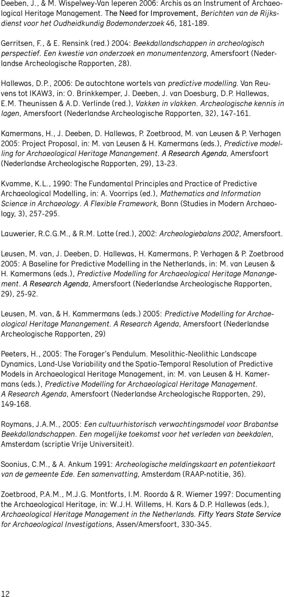 Een kwestie van onderzoek en monumentenzorg, Amersfoort (Nederlandse Archeologische Rapporten, 28). Hallewas, D.P., 2006: De autochtone wortels van predictive modelling. Van Reuvens tot IKAW3, in: O.