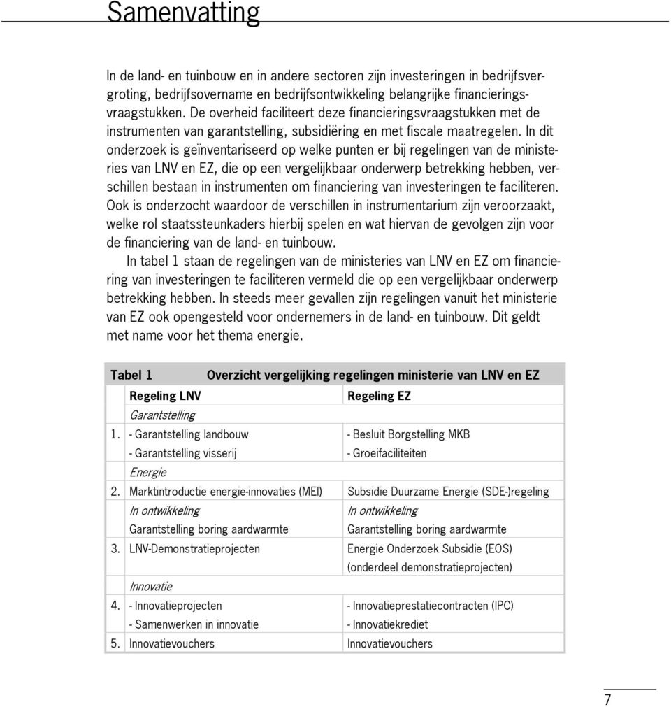 In dit onderzoek is geïnventariseerd op welke punten er bij regelingen van de ministeries van LNV en EZ, die op een vergelijkbaar onderwerp betrekking hebben, verschillen bestaan in instrumenten om