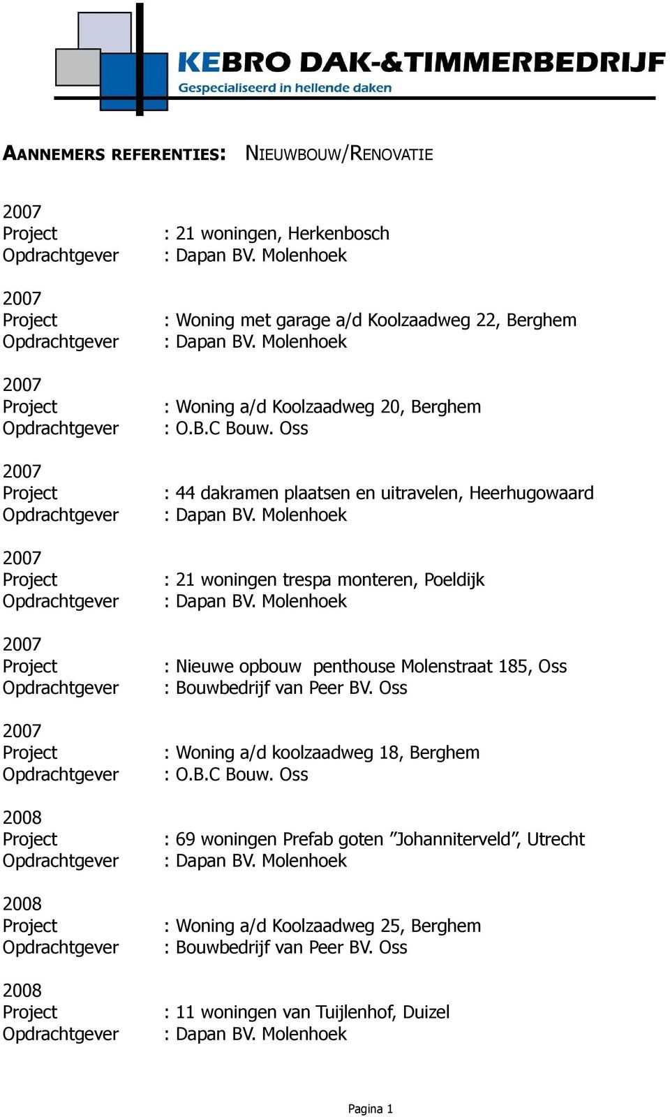 Oss : 44 dakramen plaatsen en uitravelen, Heerhugowaard : 21 woningen trespa monteren, Poeldijk : Nieuwe opbouw penthouse