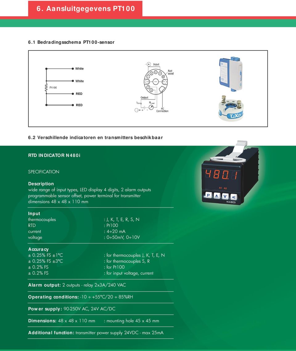power terminal for transmitter dimensions 48 x 48 x 110 mm Input thermocouples : J, K, T, E, R, S, N RTD : Pt100 current : 4 20 ma voltage : 0 50mV, 0 10V Accuracy ± 0.