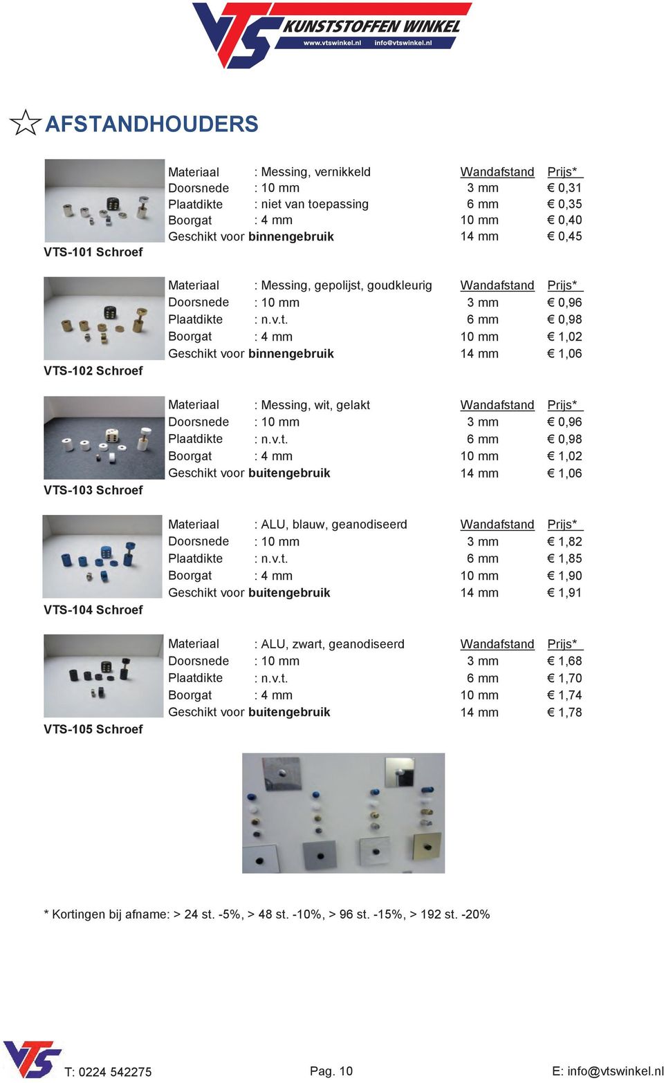 v.t. 6 mm 0,98 Boorgat : 4 mm 10 mm 1,02 Geschikt voor buitengebruik 14 mm 1,06 Materiaal : ALU, blauw, geanodiseerd Wandafstand Prijs* Doorsnede : 10 mm 3 mm 1,82 Plaatdikte : n.v.t. 6 mm 1,85 Boorgat : 4 mm 10 mm 1,90 Geschikt voor buitengebruik 14 mm 1,91 Materiaal : ALU, zwart, geanodiseerd Wandafstand Prijs* Doorsnede : 10 mm 3 mm 1,68 Plaatdikte : n.