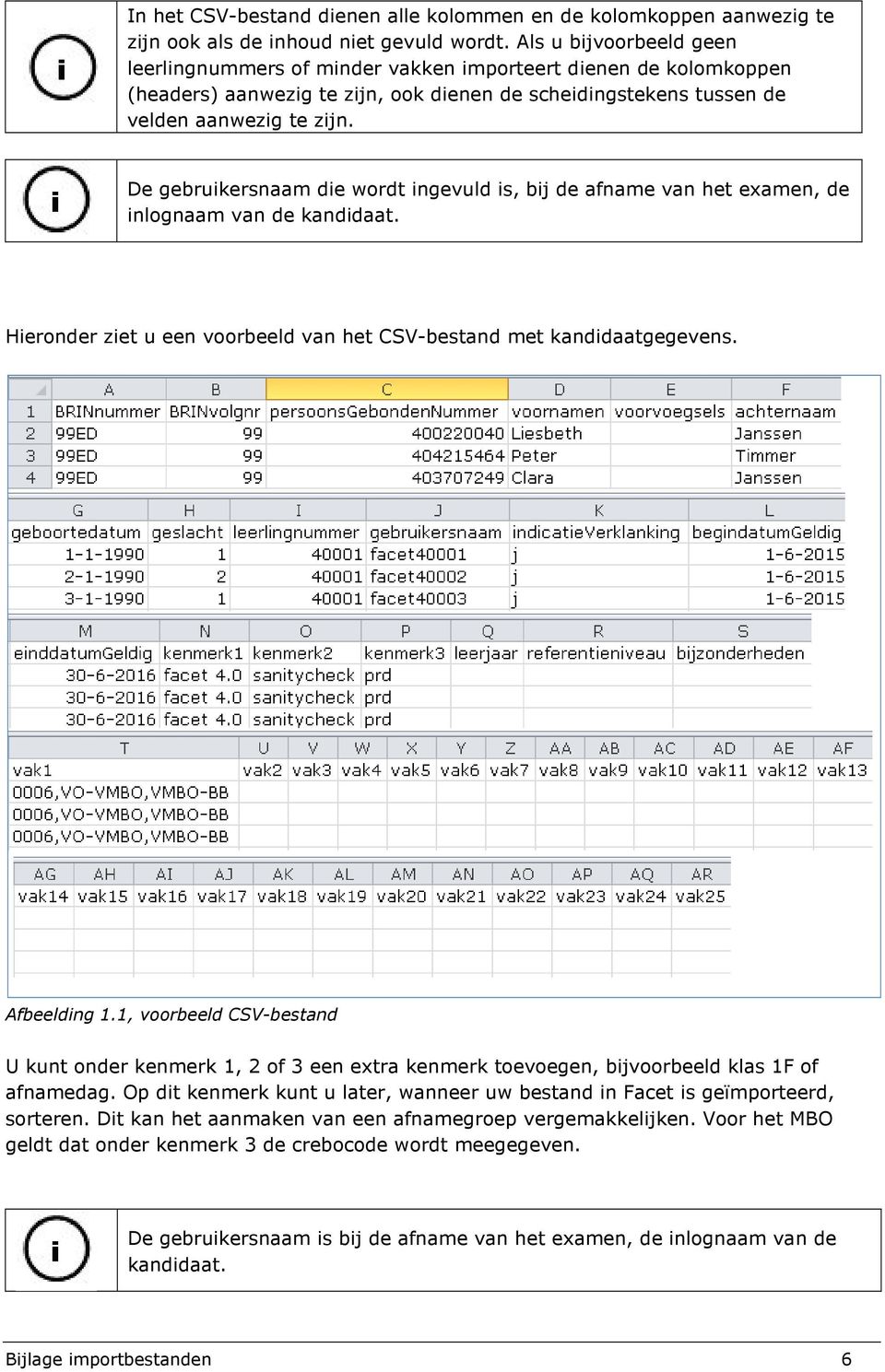 De gebruikersnaam die wordt ingevuld is, bij de afname van het examen, de inlognaam van de kandidaat. Hieronder ziet u een voorbeeld van het CSV-bestand met kandidaatgegevens. Afbeelding 1.