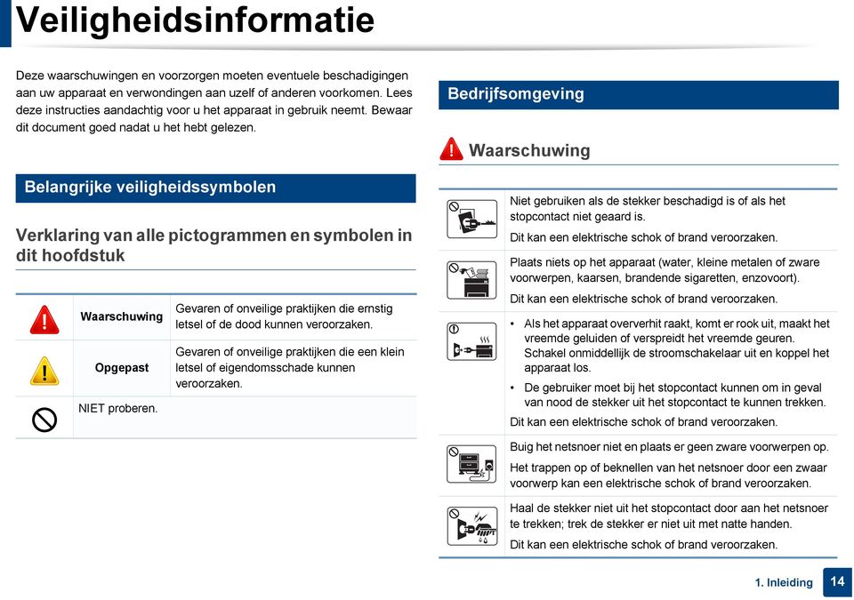 3 Belangrijke veiligheidssymbolen Verklaring van alle pictogrammen en symbolen in dit hoofdstuk Waarschuwing Opgepast NIET proberen.