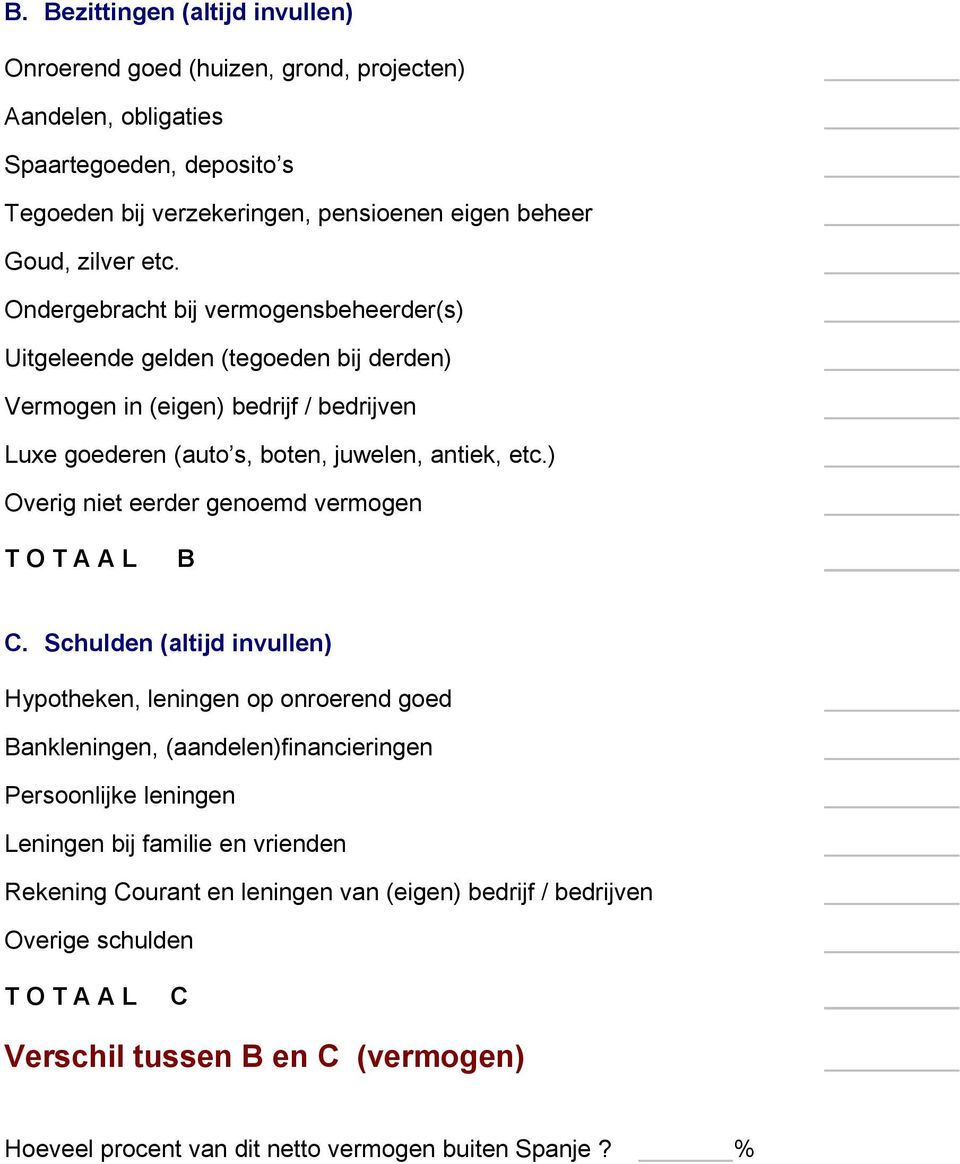 ) Overig niet eerder genoemd vermogen T O T A A L B C.