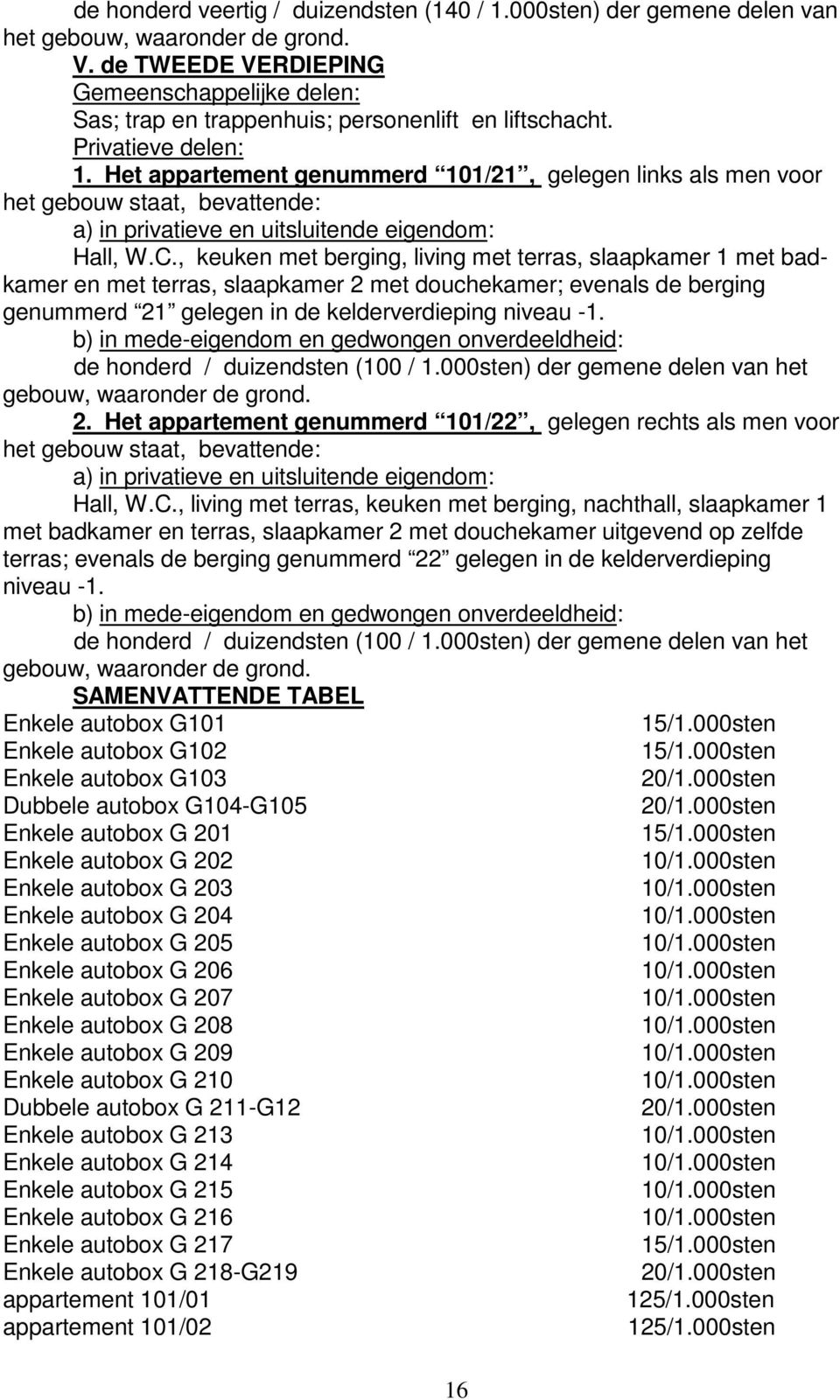 Het appartement genummerd 101/21, gelegen links als men voor het gebouw staat, bevattende: a) in privatieve en uitsluitende eigendom: Hall, W.C.