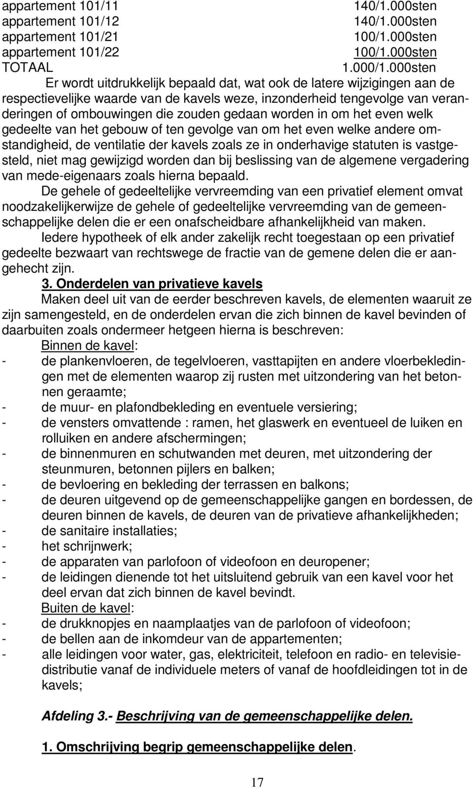 worden in om het even welk gedeelte van het gebouw of ten gevolge van om het even welke andere omstandigheid, de ventilatie der kavels zoals ze in onderhavige statuten is vastgesteld, niet mag