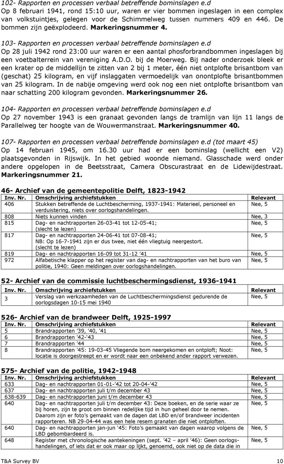 Markeringsnummer 4. 103- Rapporten en processen verbaal betreffende bominslagen e.