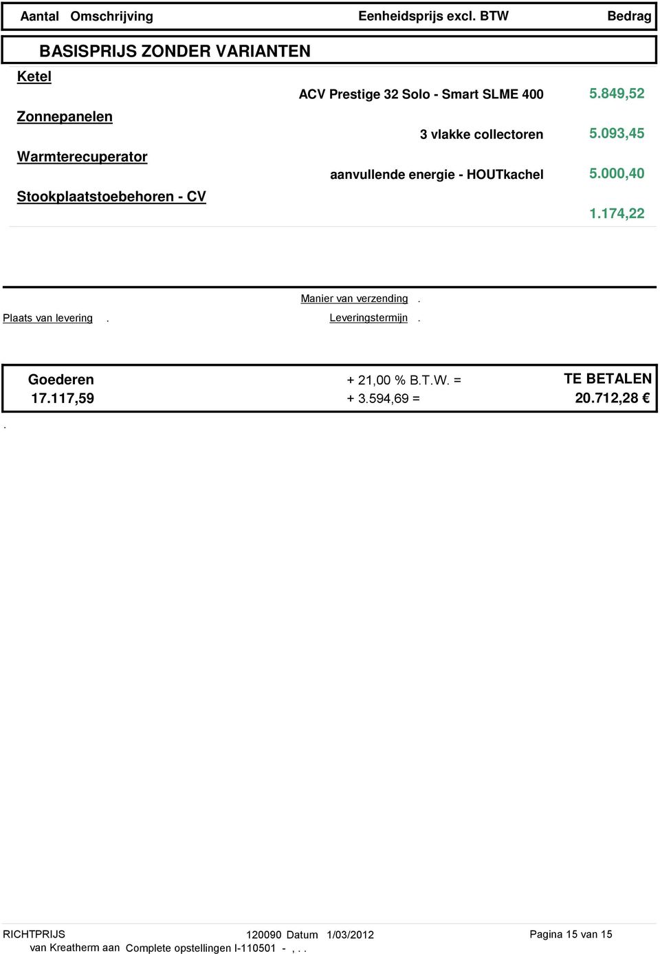 - CV 5.849,52 5.093,45 5.000,40 1.174,22 Plaats van levering. Manier van verzending.