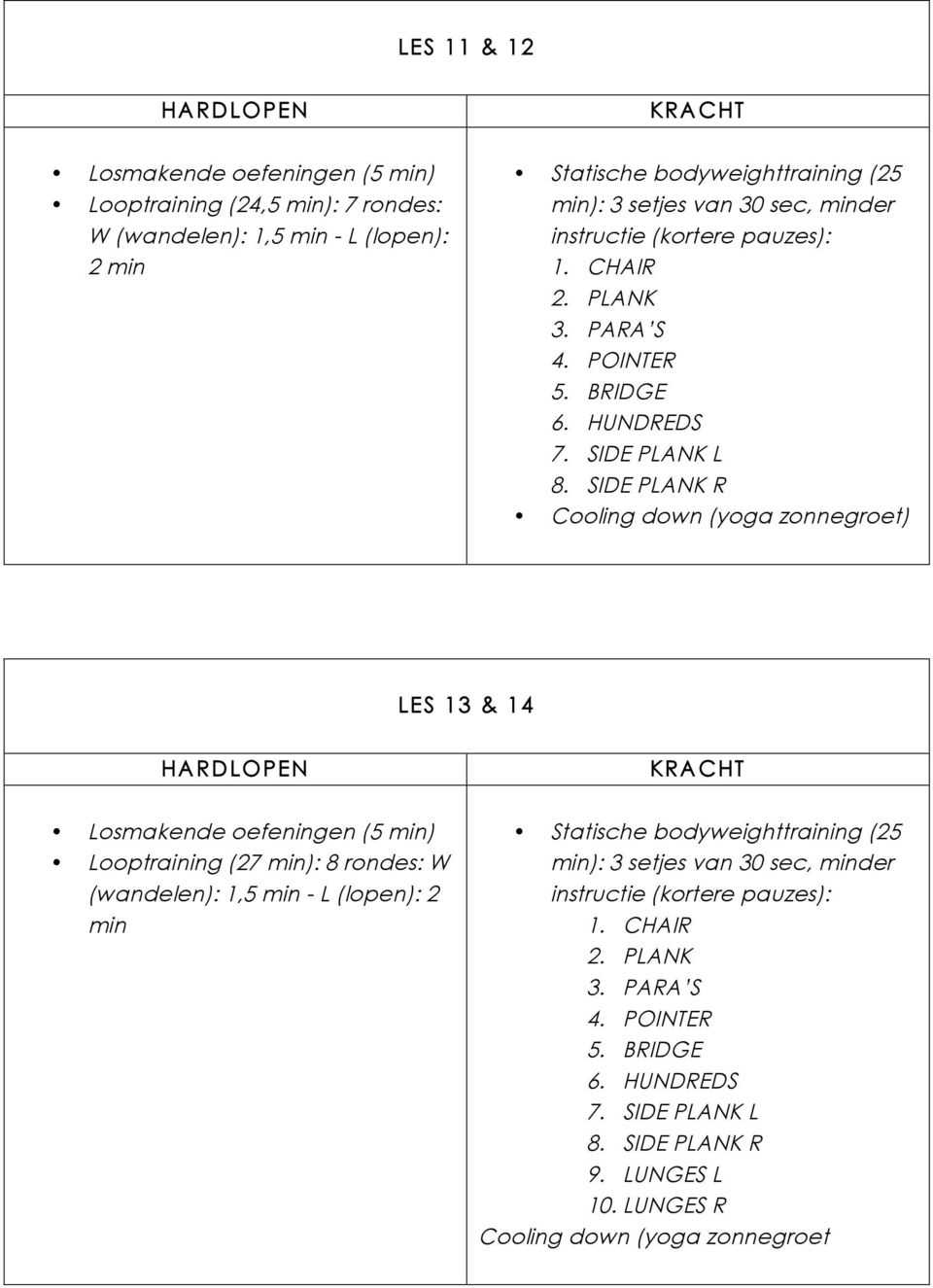 SIDE PLANK R Cooling down (yoga zonnegroet) LES 13 & 14 HARDLOPEN Losmakende oefeningen (5 min) Looptraining (27 min): 8 rondes: W (wandelen): 1,5 min - L (lopen): 2 min KRACHT