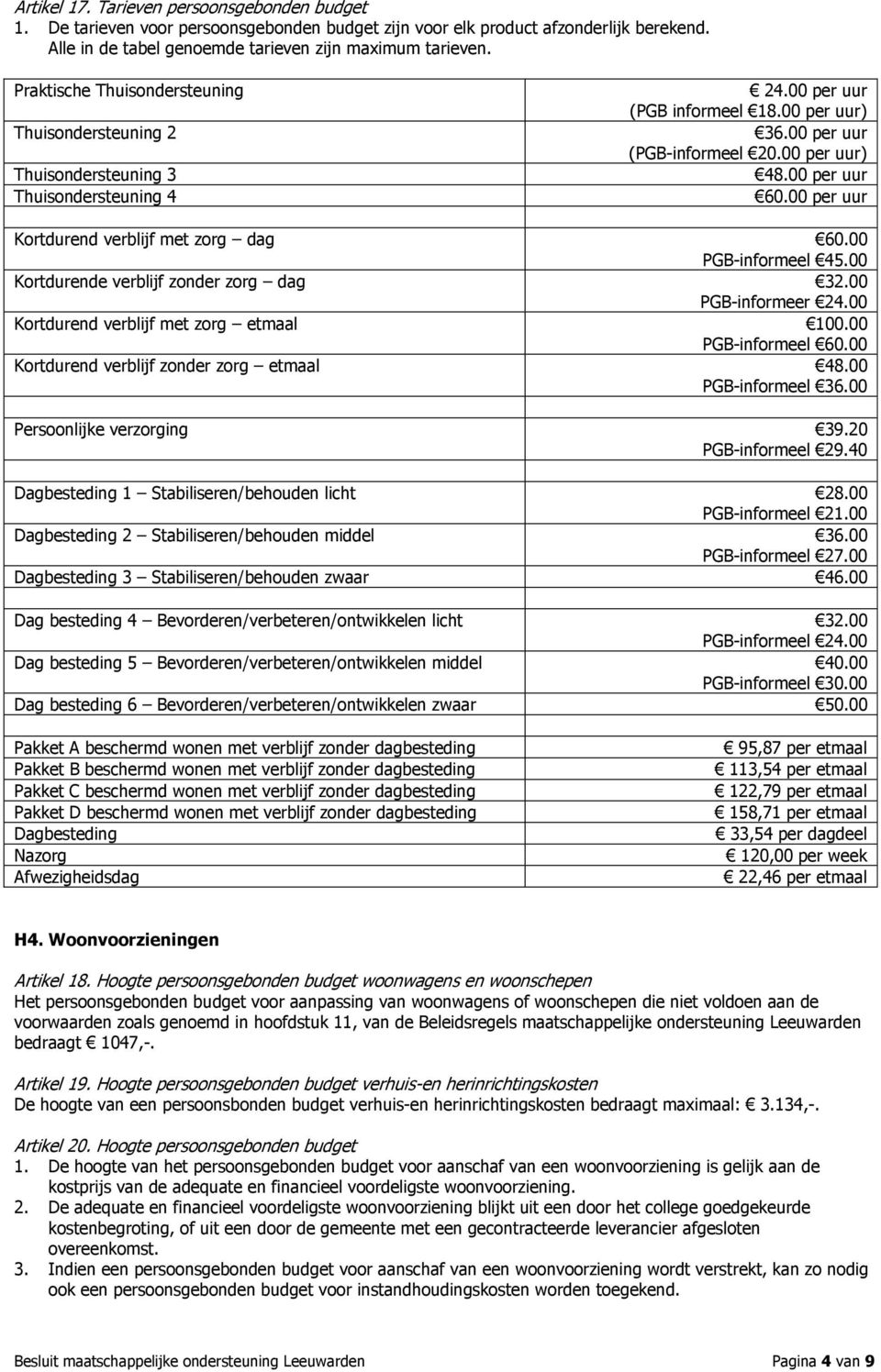 00 per uur Kortdurend verblijf met zorg dag 60.00 PGB-informeel 45.00 Kortdurende verblijf zonder zorg dag 32.00 PGB-informeer 24.00 Kortdurend verblijf met zorg etmaal 100.00 PGB-informeel 60.