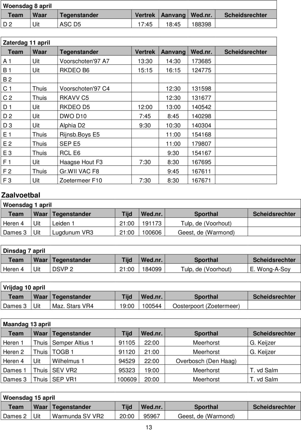 Scheidsrechter A 1 Uit Voorschoten'97 A7 13:30 14:30 173685 B 1 Uit RKDEO B6 15:15 16:15 124775 B 2 C 1 Thuis Voorschoten'97 C4 12:30 131598 C 2 Thuis RKAVV C5 12:30 131677 D 1 Uit RKDEO D5 12:00