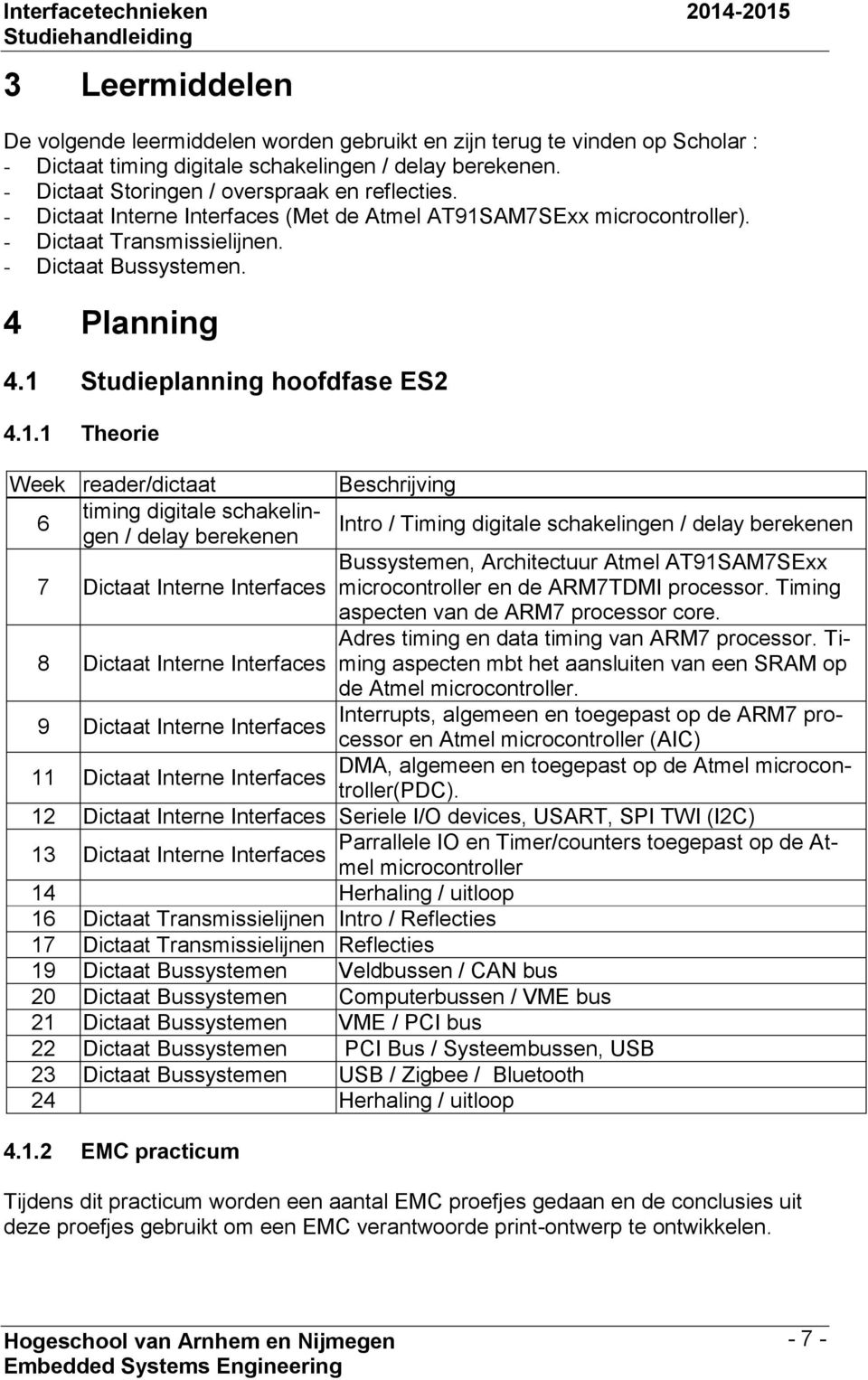 AM7SExx microcontroller). - Dictaat Transmissielijnen. - Dictaat Bussystemen. 4 Planning 4.1 