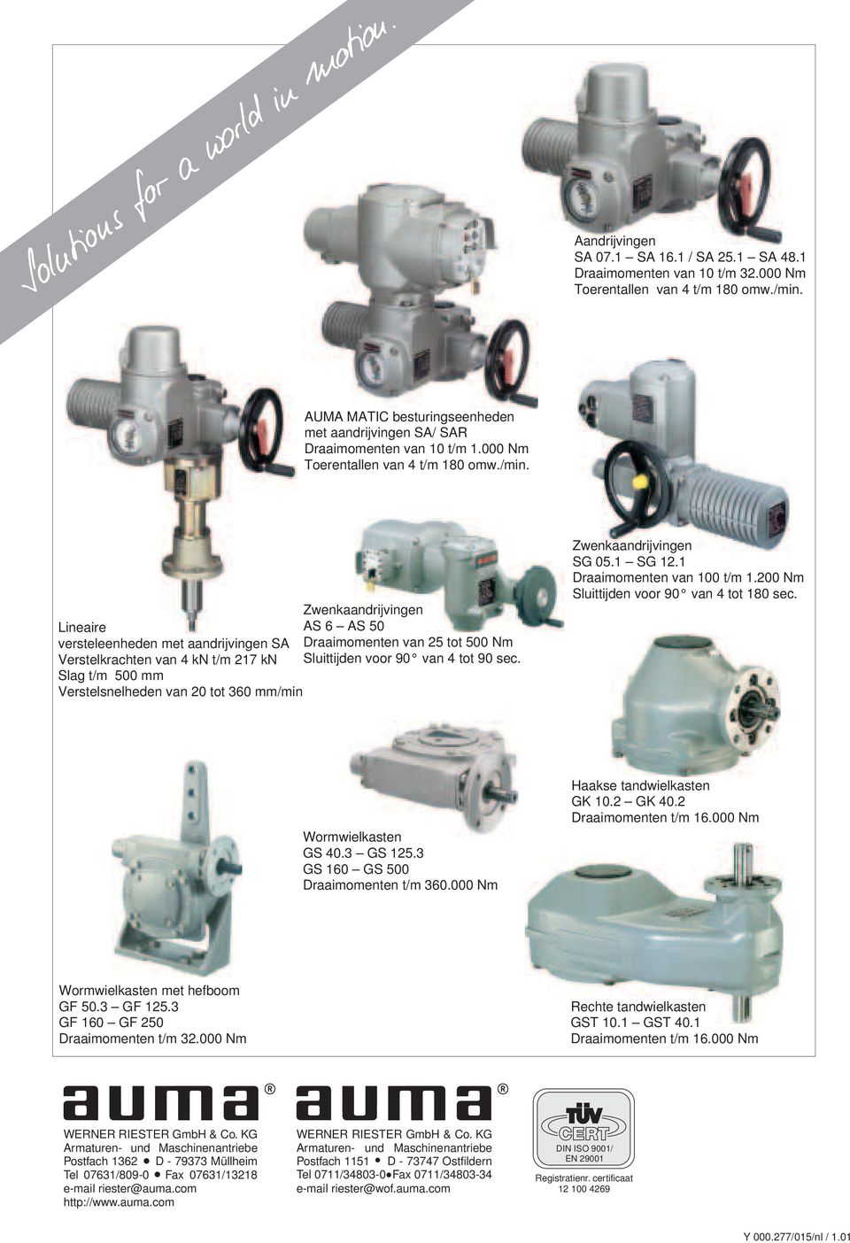 Zwenkaandrijvingen Lineaire AS 6 AS 50 versteleenheden met aandrijvingen SA Draaimomenten van 25 tot 500 Nm Verstelkrachten van 4 kn t/m 217 kn Sluittijden voor 90 van 4 tot 90 sec.