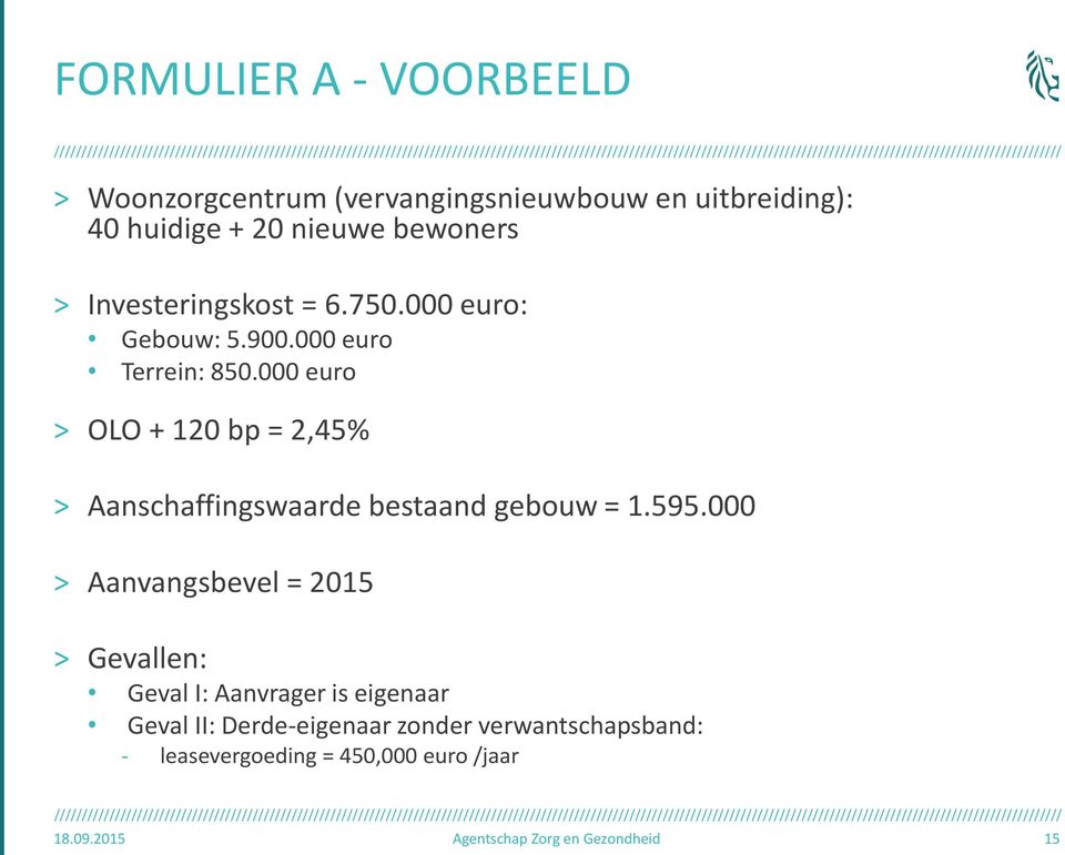 000 euro > OLO + 120 bp = 2,45% > Aanschaffingswaarde bestaand gebouw = 1.595.