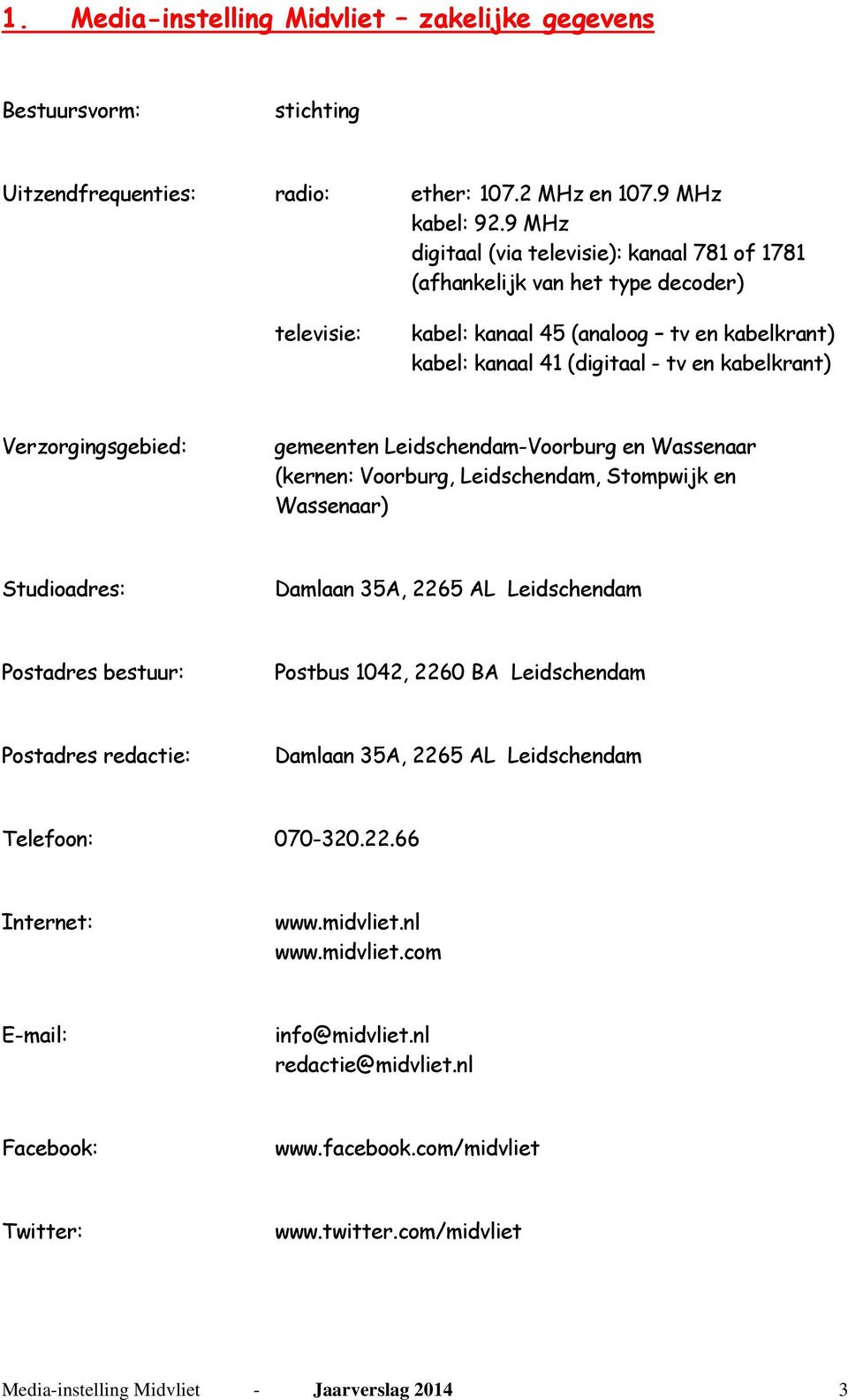 Verzorgingsgebied: gemeenten Leidschendam-Voorburg en Wassenaar (kernen: Voorburg, Leidschendam, Stompwijk en Wassenaar) Studioadres: Damlaan 35A, 2265 AL Leidschendam Postadres bestuur: Postbus