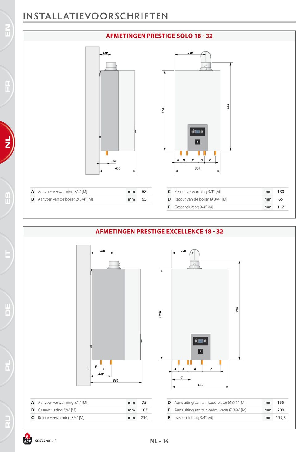 Excellence 18-32 260 250 1000 1085 F A B D E 229 C 560 630 A Aanvoer verwarming 3/4 [M] mm 75 D Aansluiting sanitair koud water Ø 3/4" [M] mm 155 B