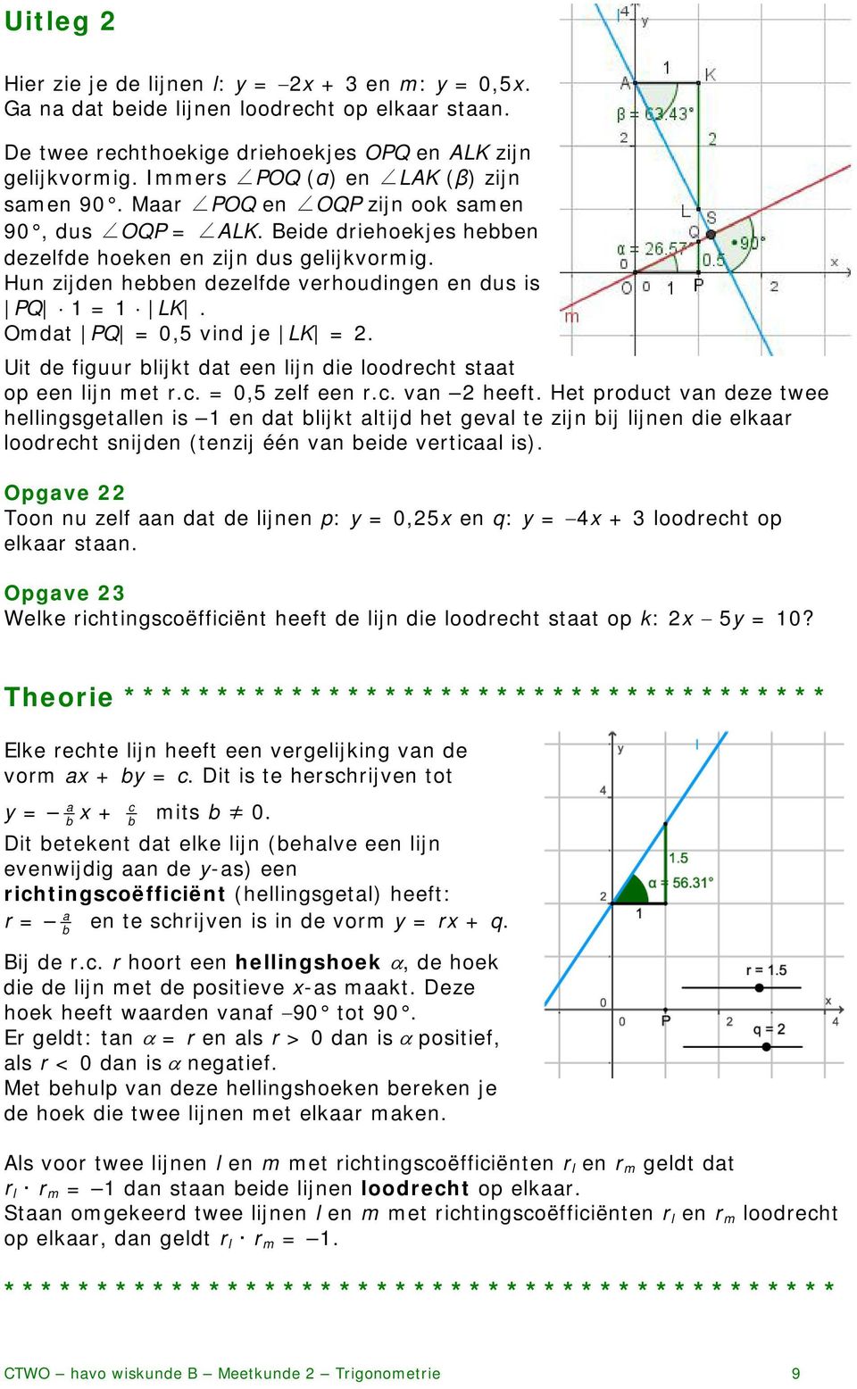 Hun zijden hebben dezelfde verhoudingen en dus is PQ = LK. Omdat PQ = 0,5 vind je LK =. Uit de figuur blijkt dat een lijn die loodrecht staat op een lijn met r.c. = 0,5 zelf een r.c. van heeft.