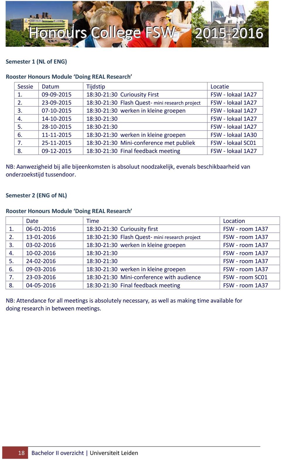 28-10-2015 18:30-21:30 FSW - lokaal 1A27 6. 11-11-2015 18:30-21:30 werken in kleine groepen FSW - lokaal 1A30 7. 25-11-2015 18:30-21:30 Mini-conference met publiek FSW - lokaal SC01 8.