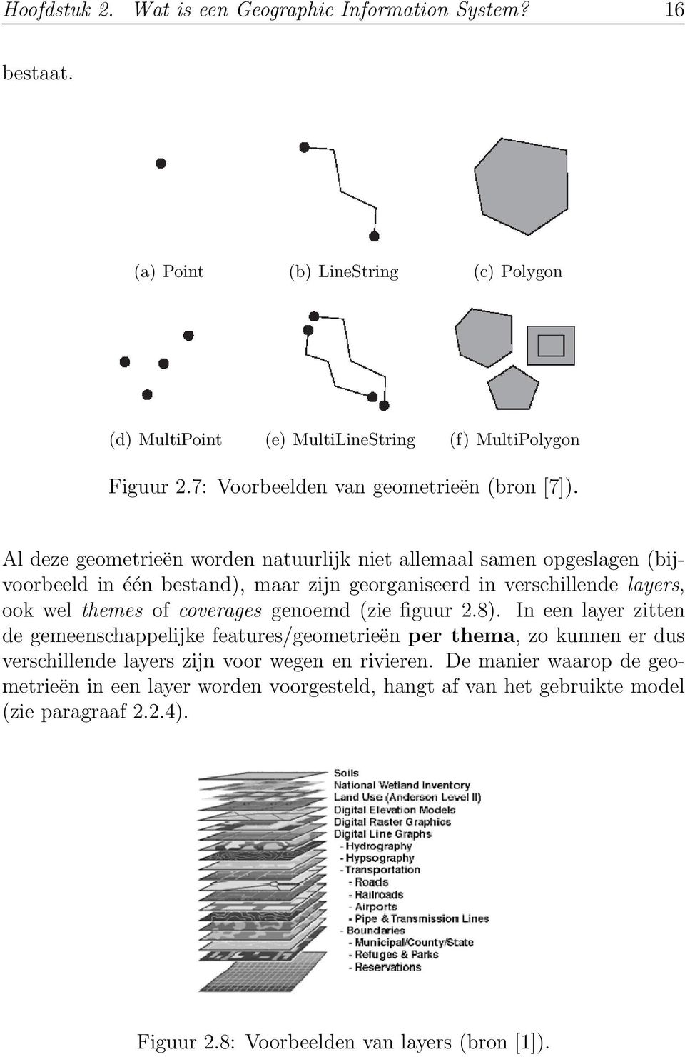 Al deze geometrieën worden natuurlijk niet allemaal samen opgeslagen (bijvoorbeeld in één bestand), maar zijn georganiseerd in verschillende layers, ook wel themes of coverages