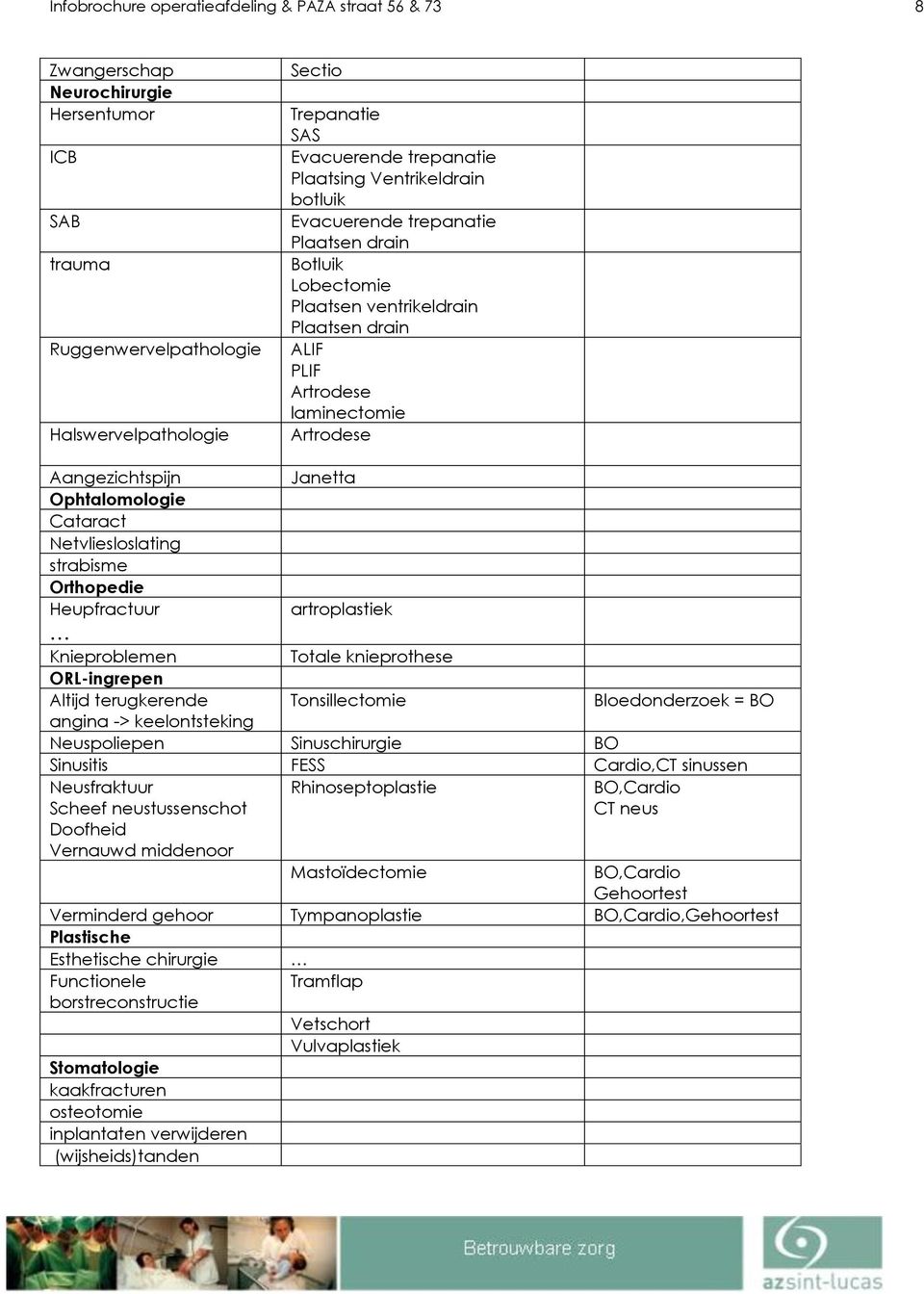 Ophtalomologie Cataract Netvliesloslating strabisme Orthopedie Heupfractuur Janetta artroplastiek Knieproblemen Totale knieprothese ORL-ingrepen Altijd terugkerende Tonsillectomie Bloedonderzoek = BO