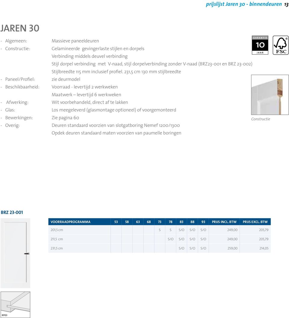 231,5 cm 130 mm stijlbreedte - Paneel/Profiel: zie deurmodel - Beschikbaarheid: Voorraad - levertijd 2 werkweken Maatwerk levertijd 6 werkweken - Afwerking: Wit voorbehandeld, direct af te lakken -