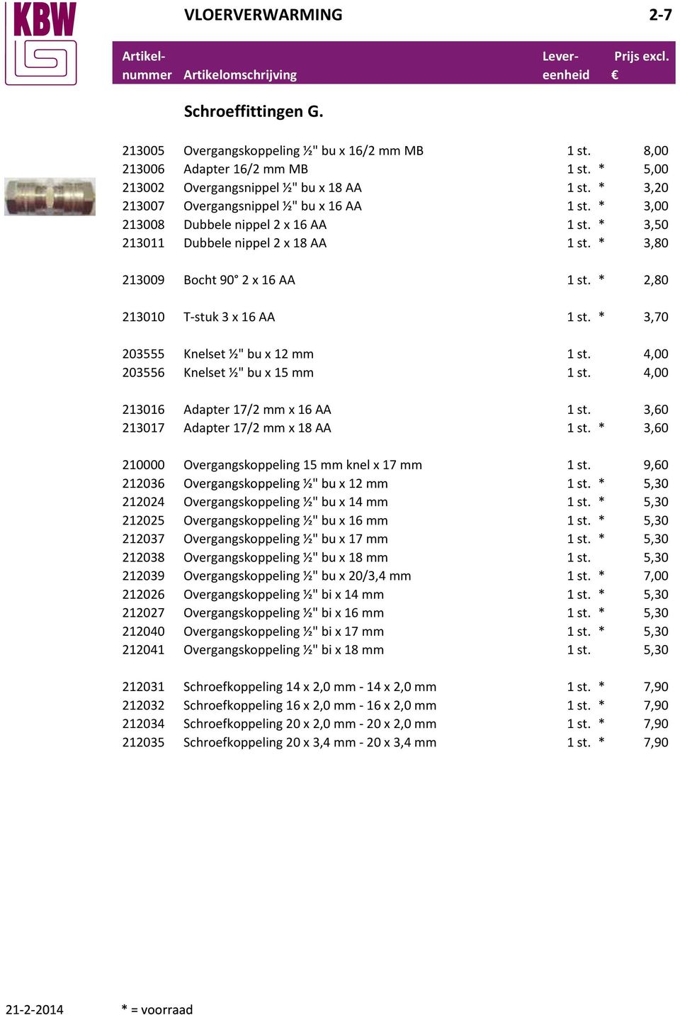 * 2,80 213010 T-stuk 3 x 16 AA 1 st. * 3,70 203555 Knelset ½" bu x 12 mm 1 st. 4,00 203556 Knelset ½" bu x 15 mm 1 st. 4,00 213016 Adapter 17/2 mm x 16 AA 1 st.