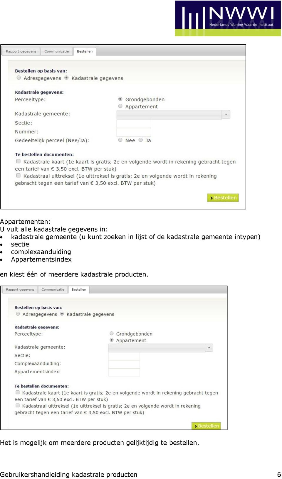 Appartementsindex en kiest één of meerdere kadastrale producten.