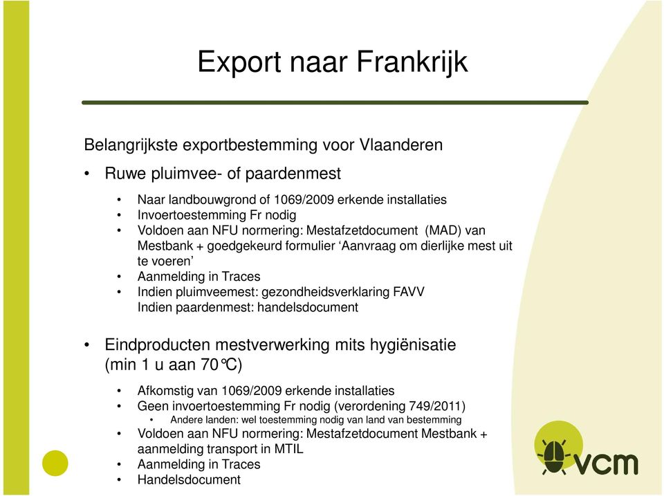 Indien paardenmest: handelsdocument Eindproducten mestverwerking mits hygiënisatie (min 1 u aan 70 C) Afkomstig van 1069/2009 erkende installaties Geen invoertoestemming Fr nodig