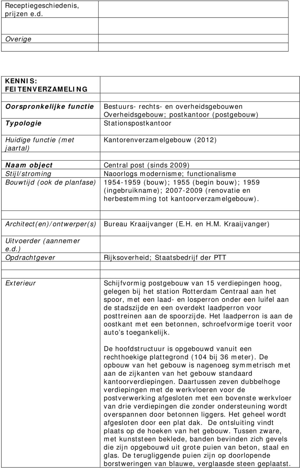 Overige KENNIS: FEITENVERZAMELING Oorspronkelijke functie Typologie Huidige functie (met jaartal) Bestuurs- rechts- en overheidsgebouwen Overheidsgebouw; postkantoor (postgebouw) Stationspostkantoor