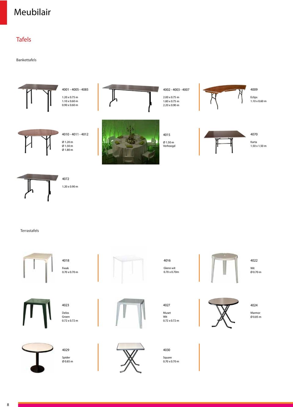 50 x 1.50 m 4072 1.20 x 0.90 m Terrastafels 4018 Freek 0.70 x 0.70 m 4016 Glenn wit 0.70 x 0.70m 4022 Wit Ø 0.