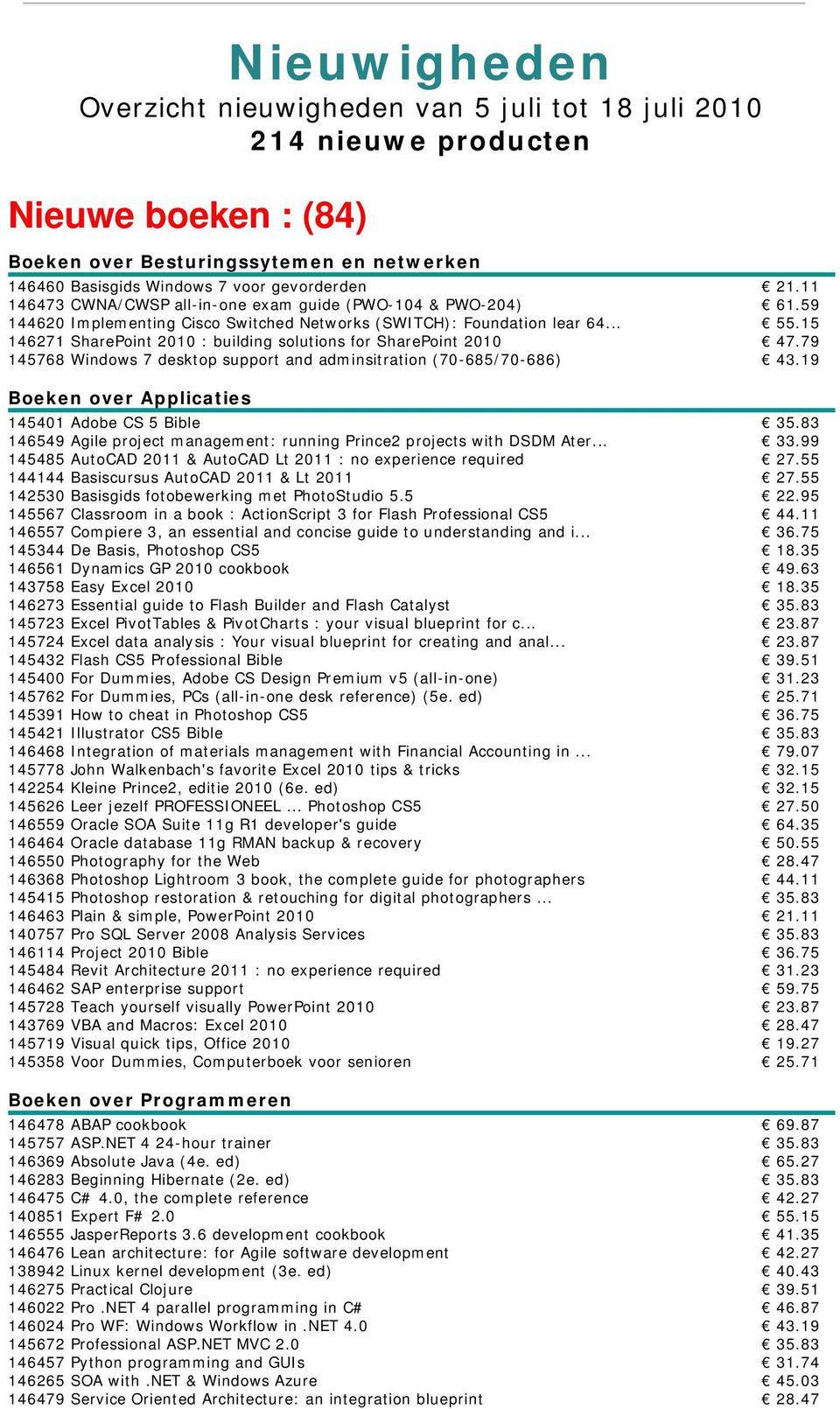 15 146271 SharePoint 2010 : building solutions for SharePoint 2010 47.79 145768 Windows 7 desktop support and adminsitration (70-685/70-686) 43.19 Boeken over Applicaties 145401 Adobe CS 5 Bible 35.