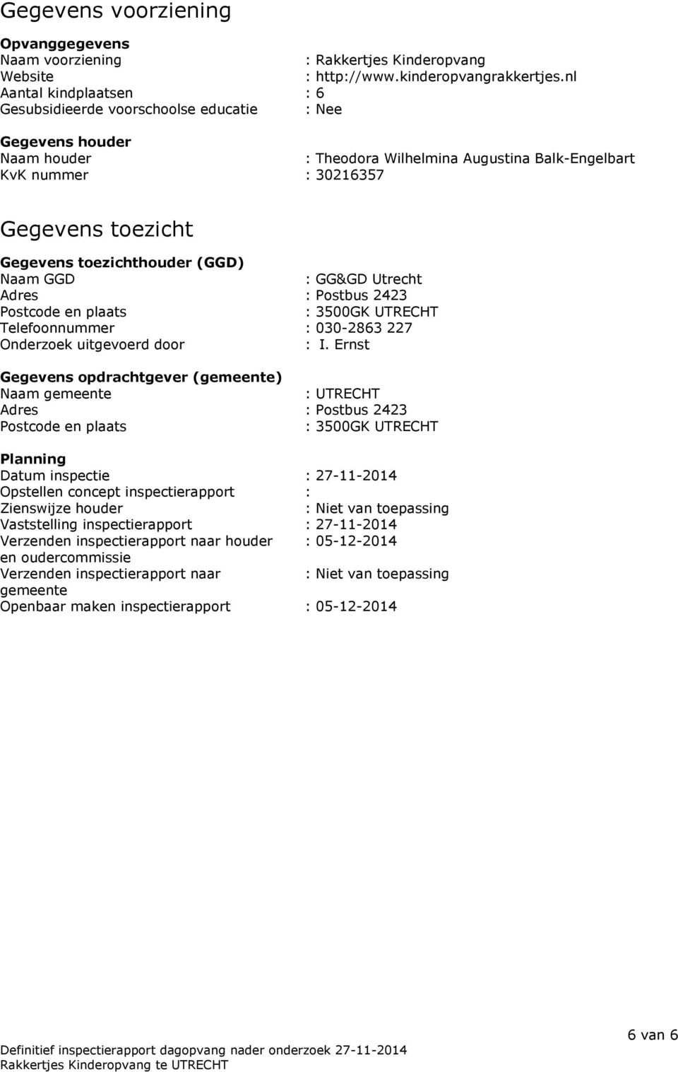 toezichthouder (GGD) Naam GGD : GG&GD Utrecht Adres : Postbus 2423 Postcode en plaats : 3500GK UTRECHT Telefoonnummer : 030-2863 227 Onderzoek uitgevoerd door : I.