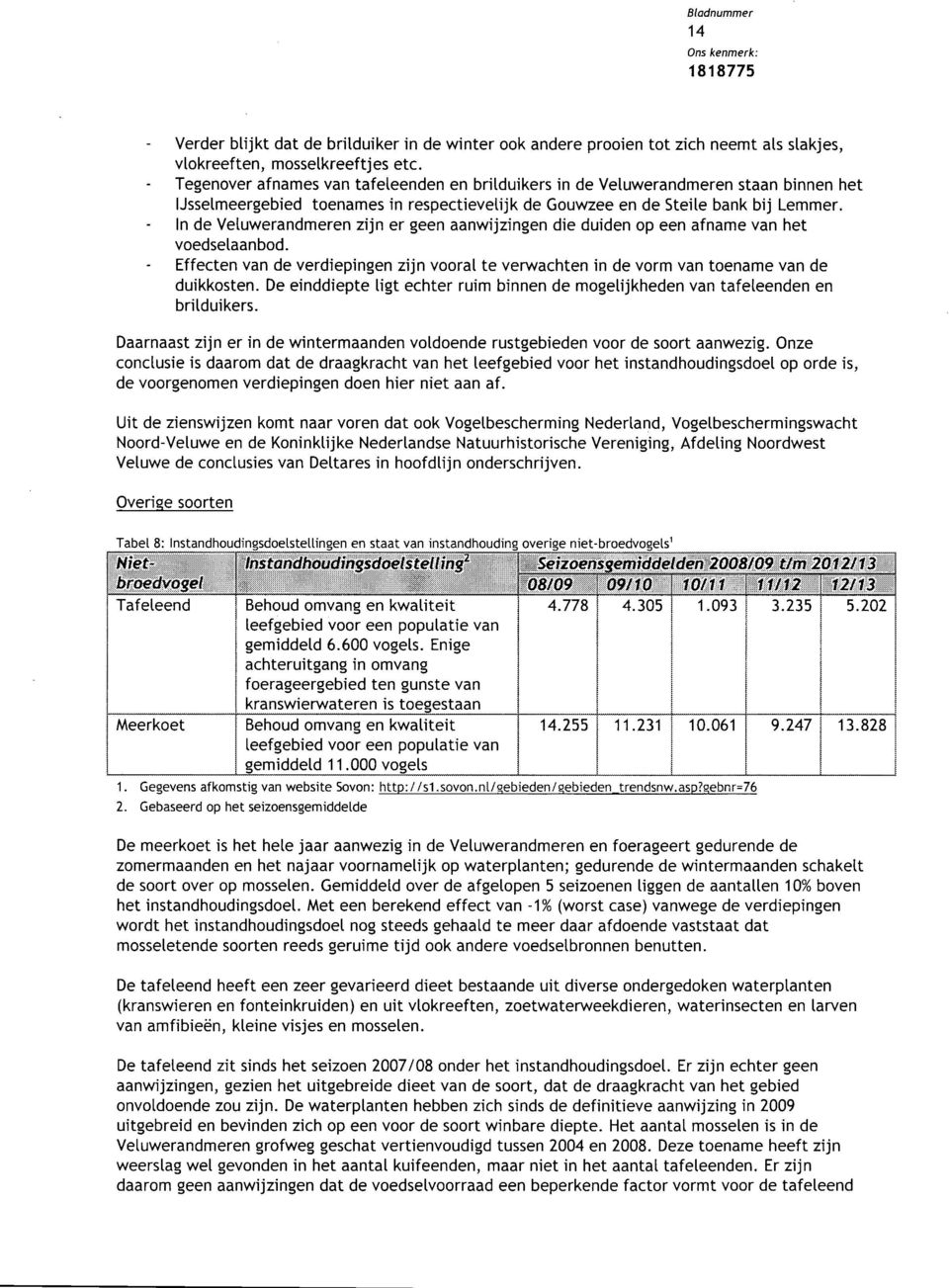 In de Veluwerandmeren zijn er geen aanwijzingen die duiden op een afname van het voedselaanbod. Effecten van de verdiepingen zijn vooral te verwachten in de vorm van toename van de duikkosten.