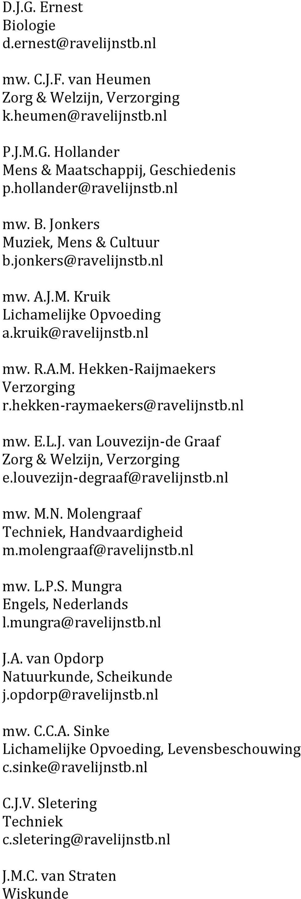 hekken-raymaekers@ravelijnstb.nl mw. E.L.J. van Louvezijn-de Graaf Zorg & Welzijn, Verzorging e.louvezijn-degraaf@ravelijnstb.nl mw. M.N. Molengraaf Techniek, Handvaardigheid m.molengraaf@ravelijnstb.