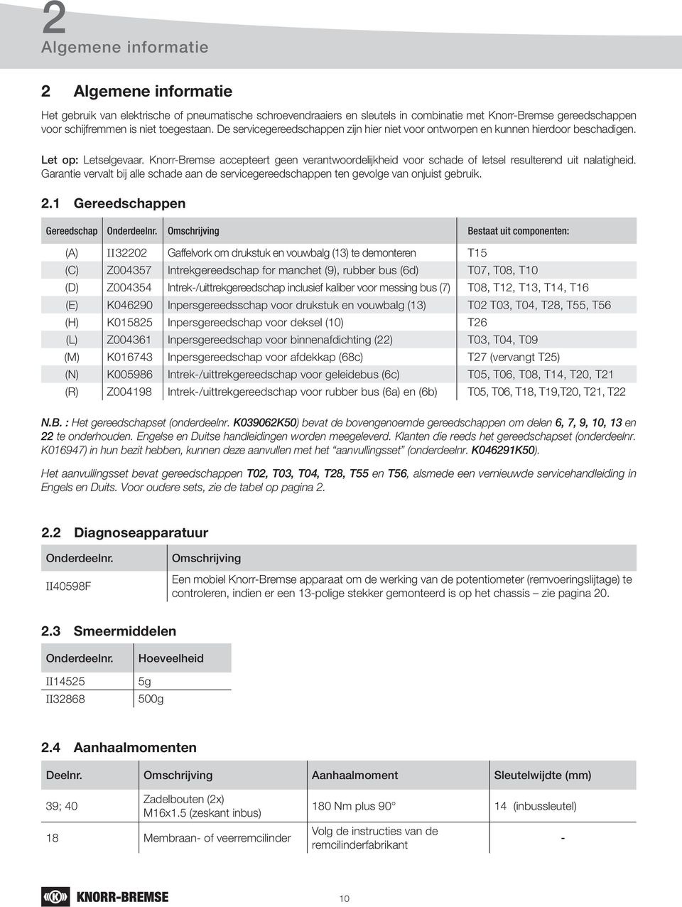 Knorr-Bremse accepteert geen verantwoordelijkheid voor schade of letsel resulterend uit nalatigheid. Garantie vervalt bij alle schade aan de servicegereedschappen ten gevolge van onjuist gebruik. 2.