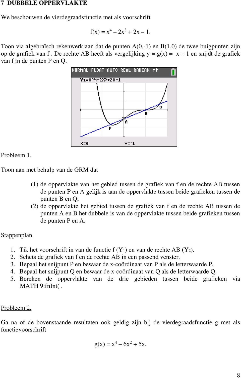 De rechte AB heeft als vergelijking y = g(x) = x 1 en snijdt de grafiek van f in de punten P en Q. Probleem 1. Toon aan met behulp van de GRM dat Stappenplan.