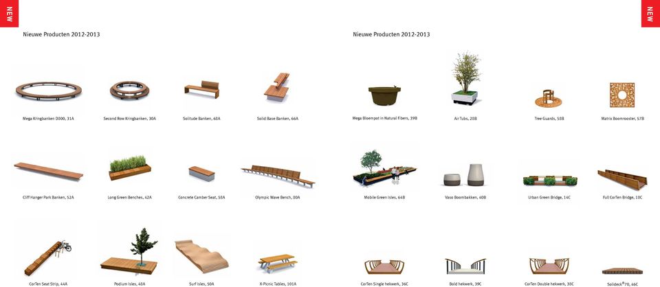 Concrete Camber Seat, 58A Olympic Wave Bench, 80A Mobile Green Isles, 64B Vaso Boombakken, 40B Urban Green Bridge, 14C Full CorTen Bridge, 18C CorTen