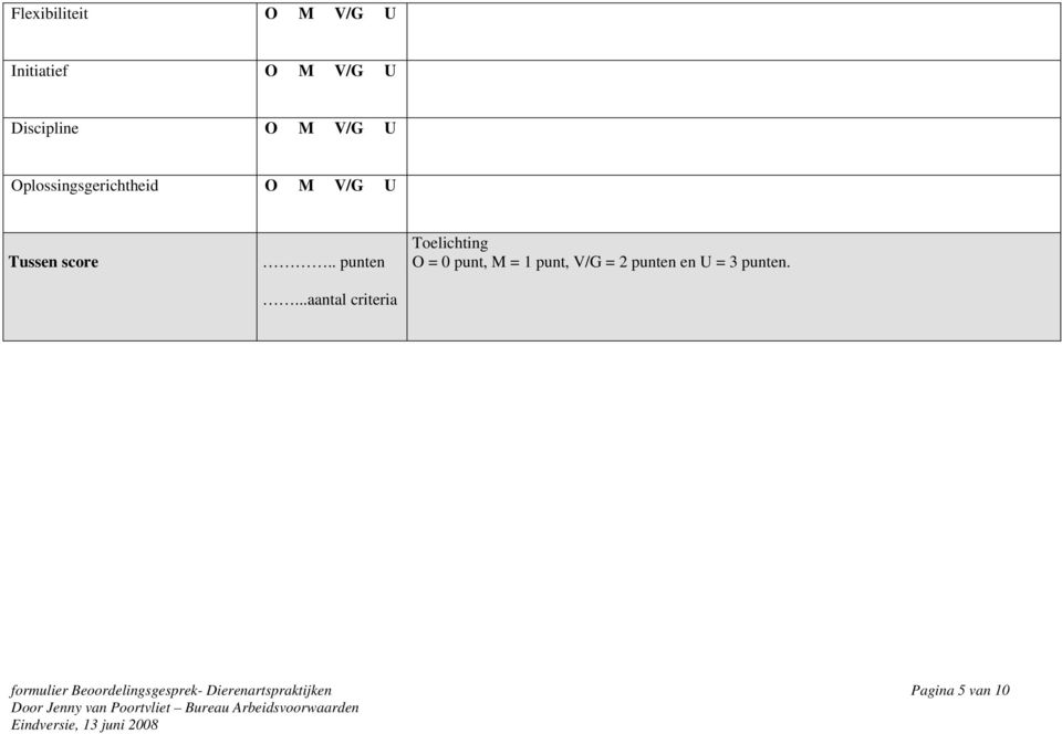 ..aantal criteria Toelichting O = 0 punt, M = 1 punt, V/G