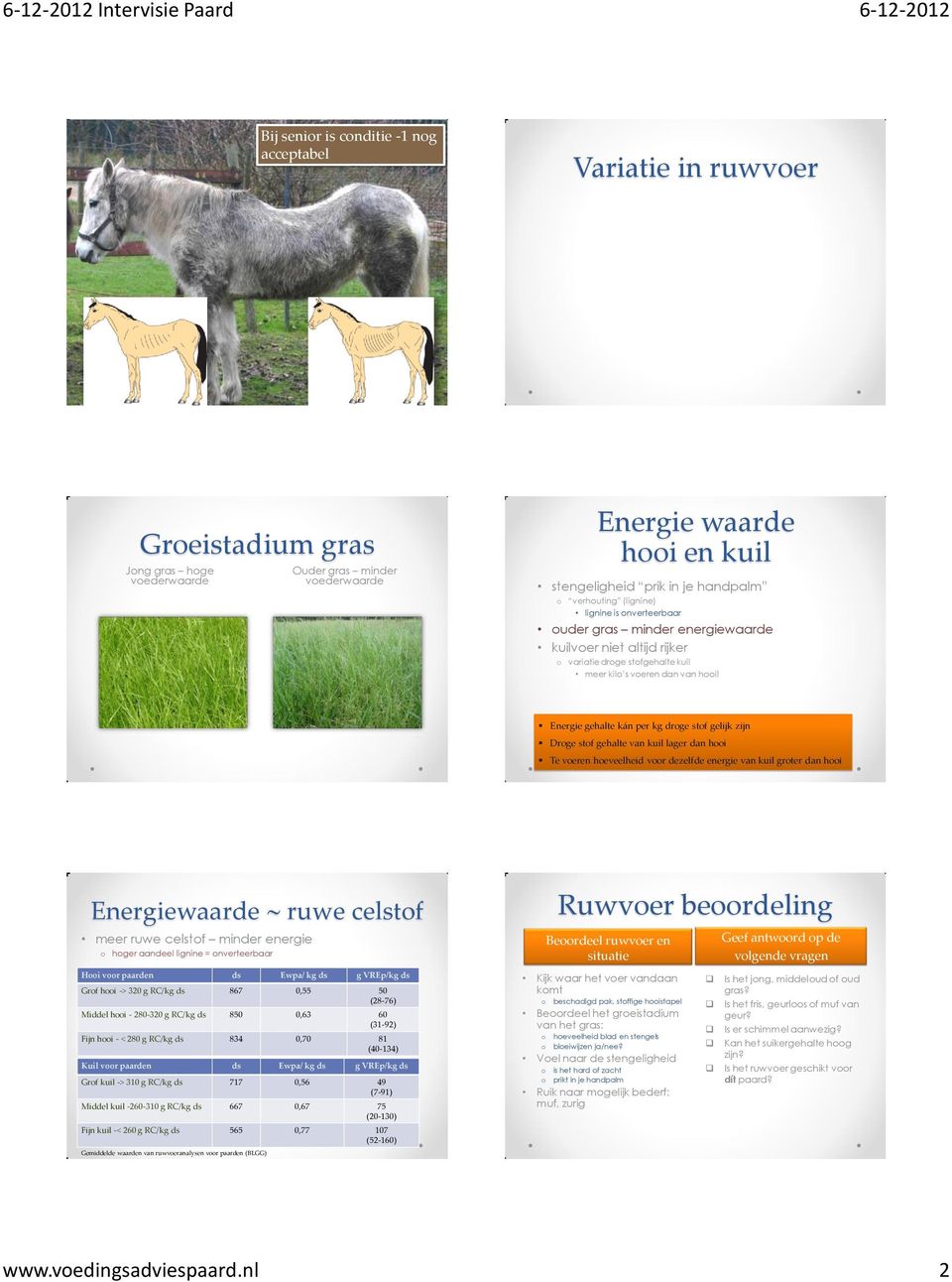 Energie gehalte kán per kg droge stof gelijk zijn Droge stof gehalte van kuil lager dan hooi Te voeren hoeveelheid voor dezelfde energie van kuil groter dan hooi Energiewaarde meer ruwe celstof