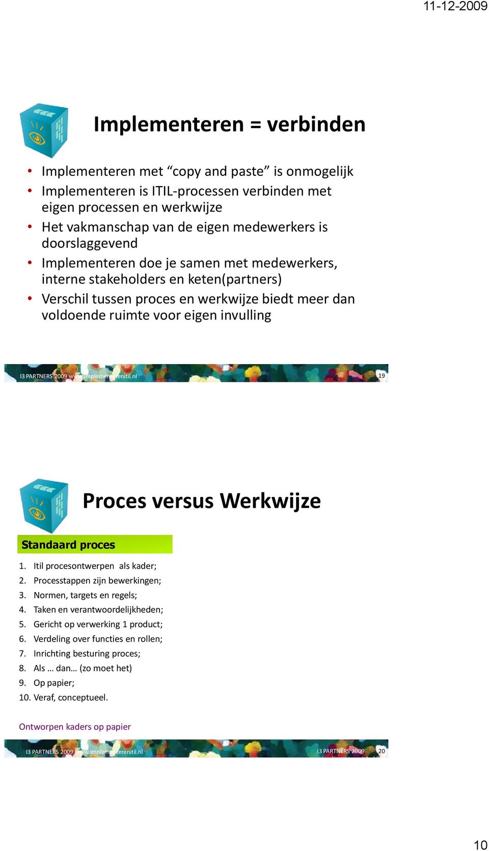 2009 www.implementerenitil.nl 19 Proces versus Werkwijze Standaard proces 1. Itil procesontwerpen als kader; 2. Processtappen zijn bewerkingen; 3. Normen, targets en regels; 4.